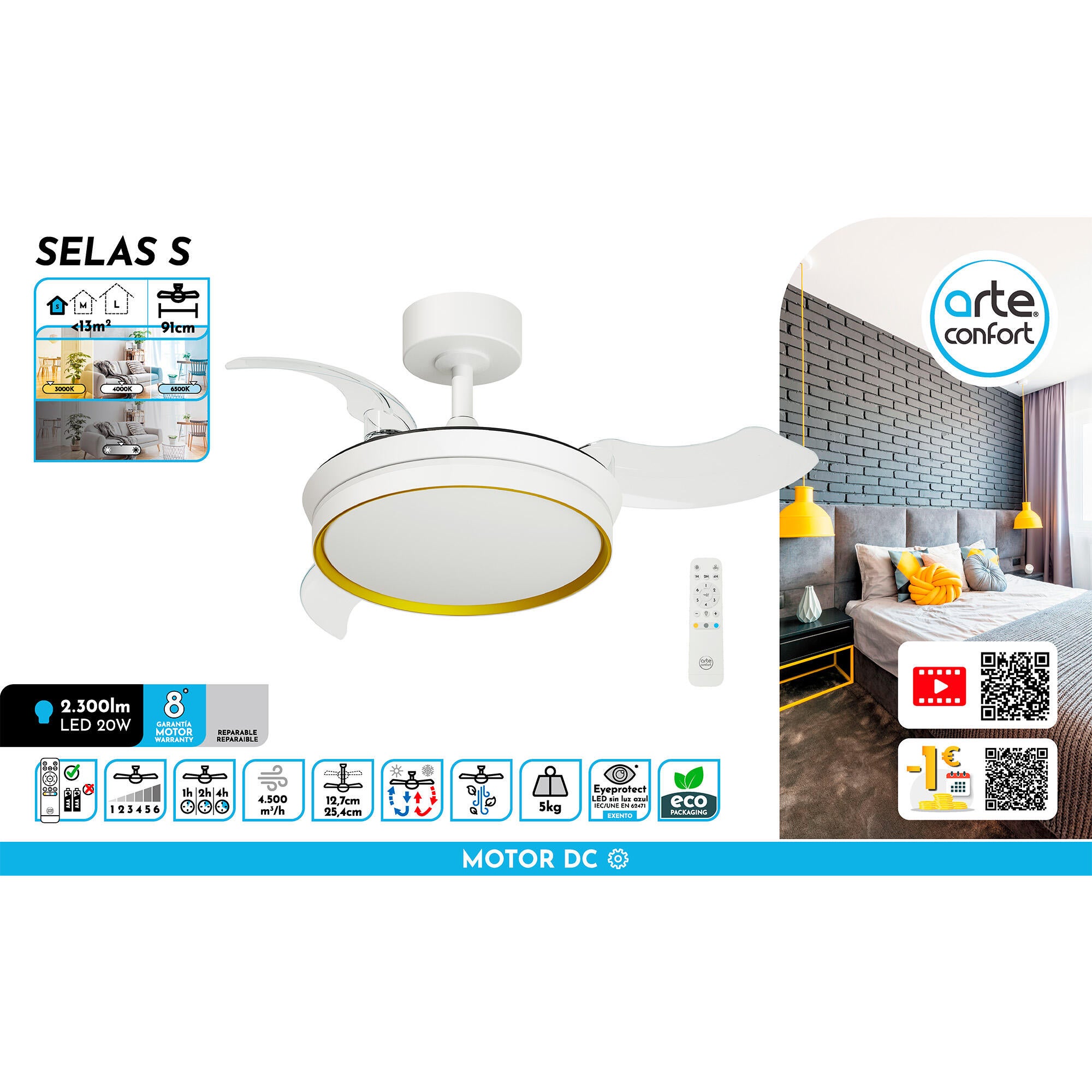 Ventilador de techo con luz silencioso DC Arte Confort Selas S blanco 91 cm - 10