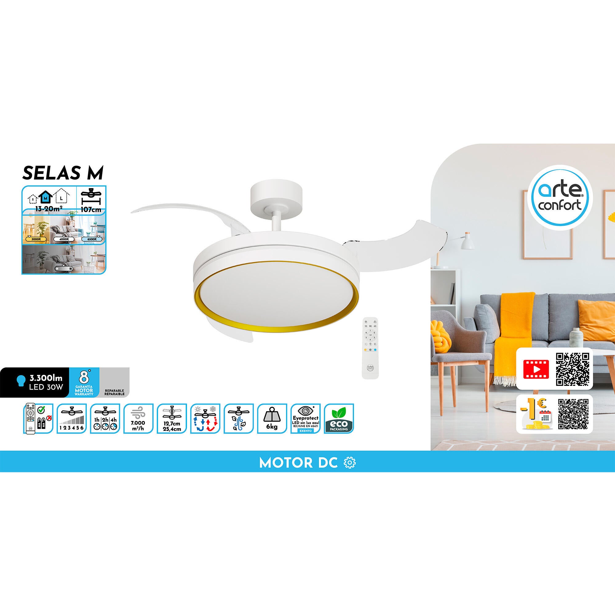 Ventilador de techo con luz silencioso DC 30W con mando ø107 cm Selas ARTE CONFORT blanco luz CCT 3 aspas| 6 velocidades| modo verano/invierno| brisa| temporizador| recomendado de 13 a 20m² - 10