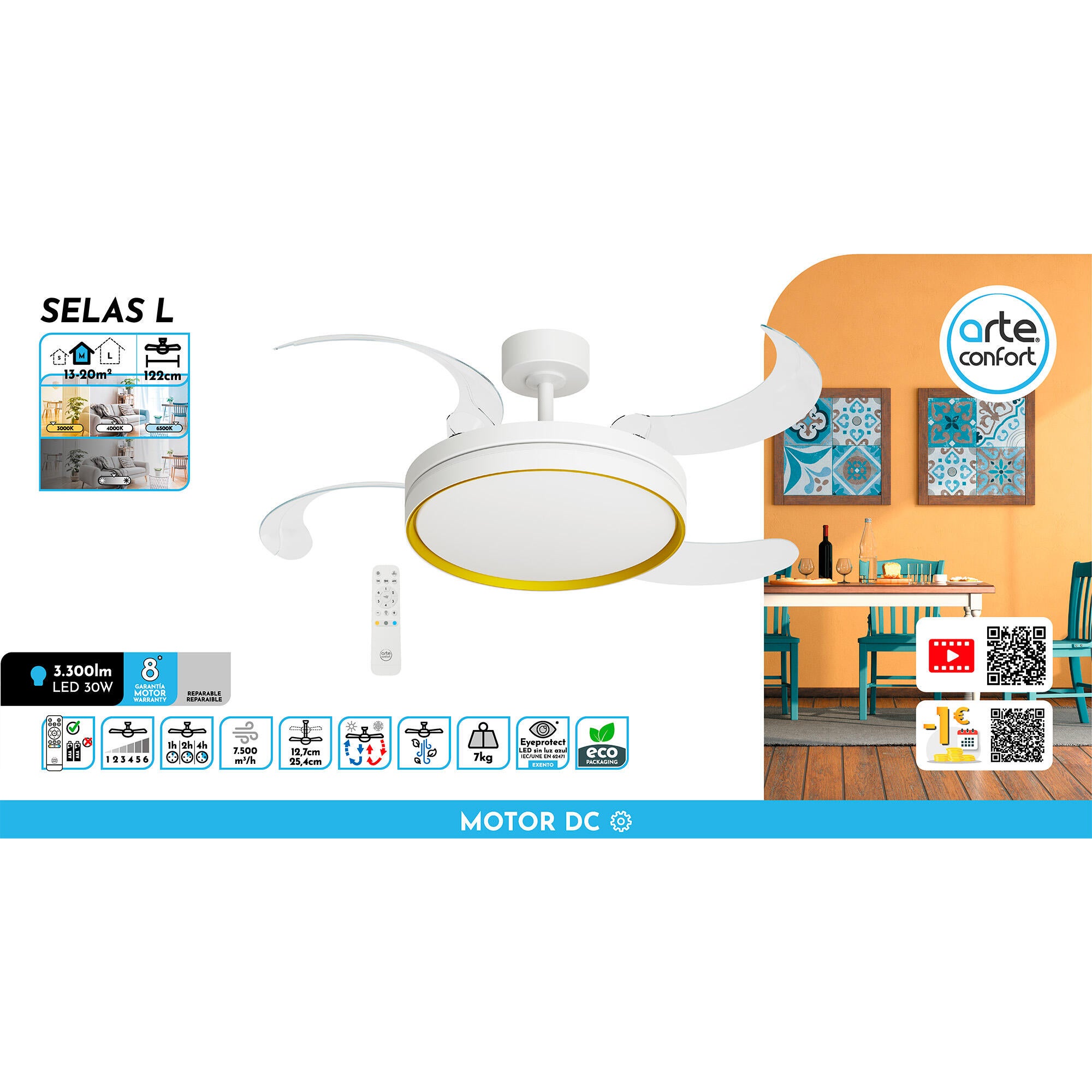 Ventilador de techo con luz silencioso DC Arte Confort Selas L blanco 122 cm - 10