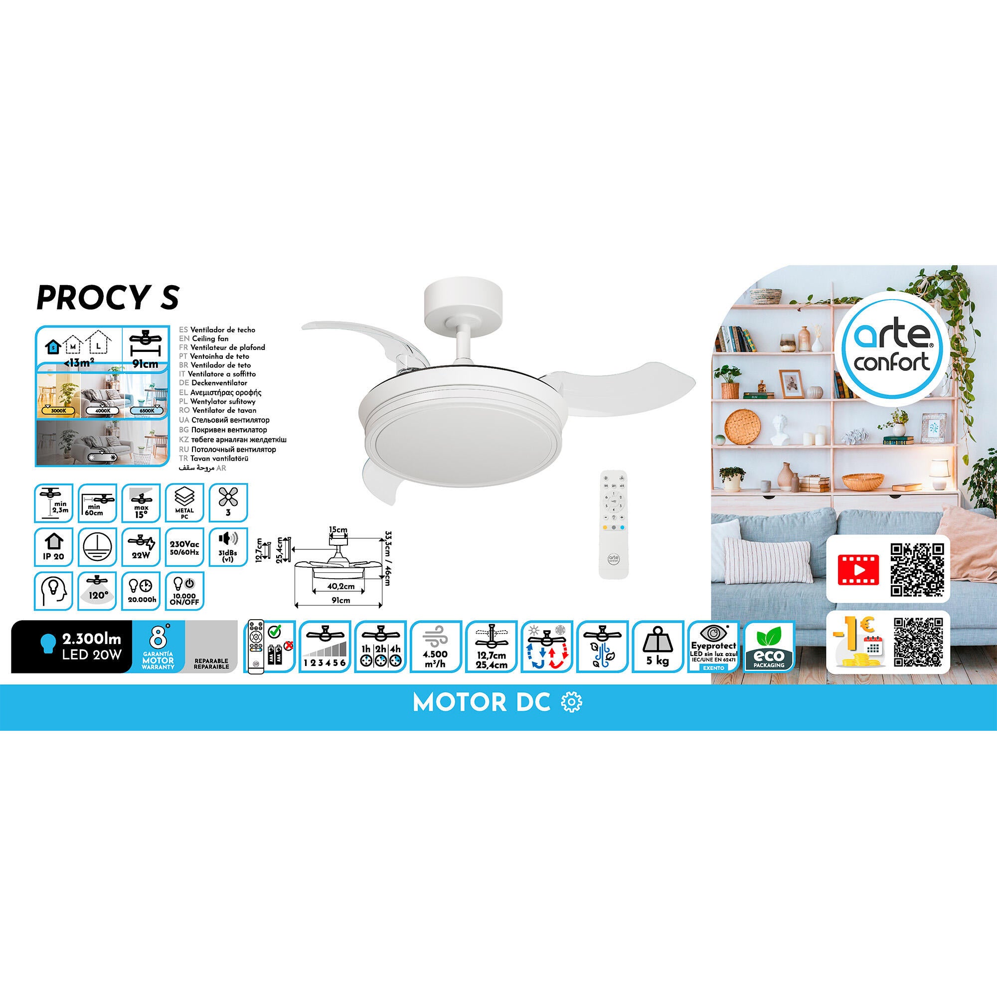 Ventilador de techo con luz silencioso DC 22W con mando ø91 cm Procy ARTE CONFORT blanco luz CCT 3 aspas retráctiles tipo lámpara| 6 velocidades| modo verano/invierno| temporizador| brisa| recomendado para <13m² - 10