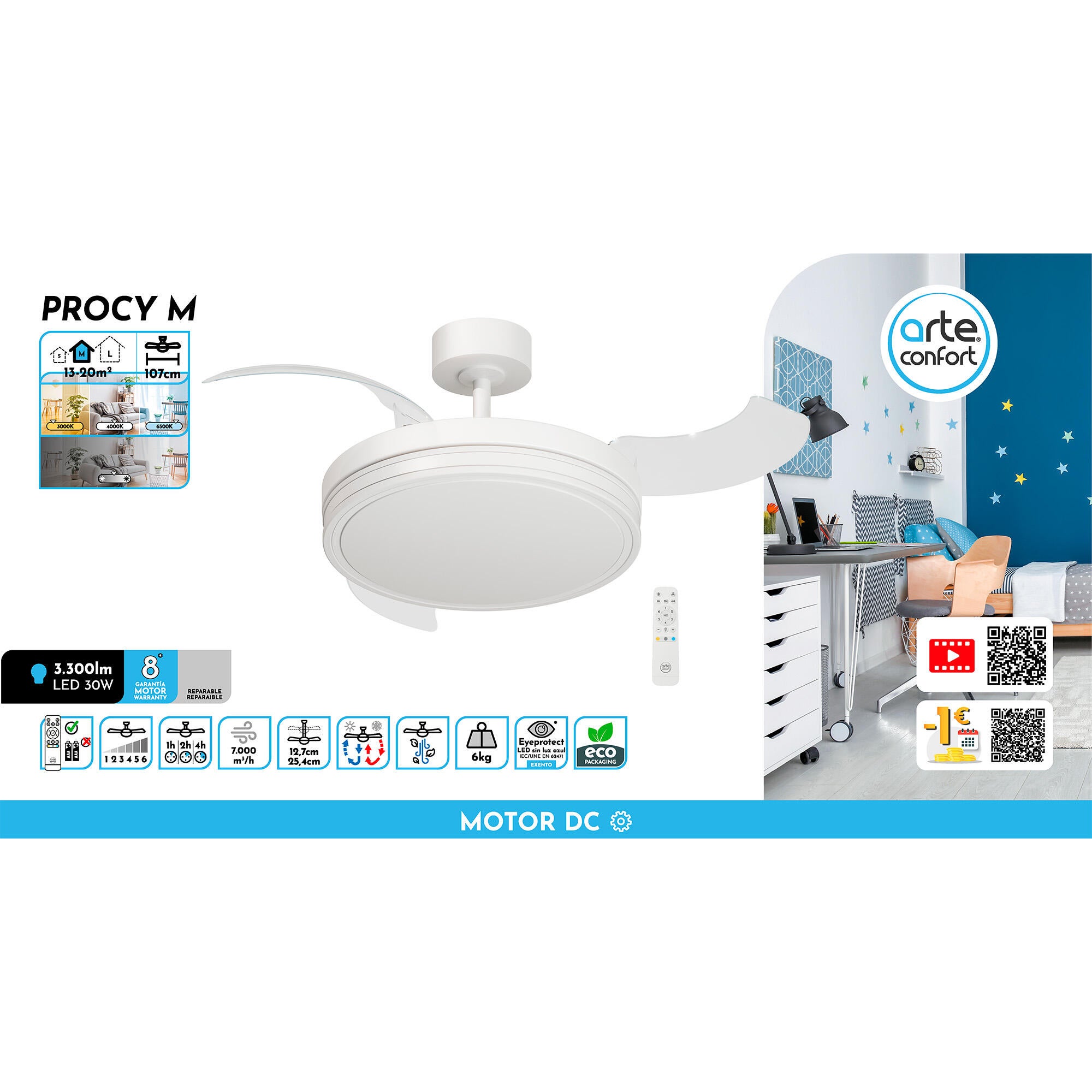 Ventilador de techo con luz silencioso DC 30W con mando ø107 cm Procy ARTE CONFORT blanco luz CCT 3 aspas retráctiles tipo lámpara| 6 velocidades| modo verano/invierno| brisa| temporizador| recomendado de 13 a 20m² - 10