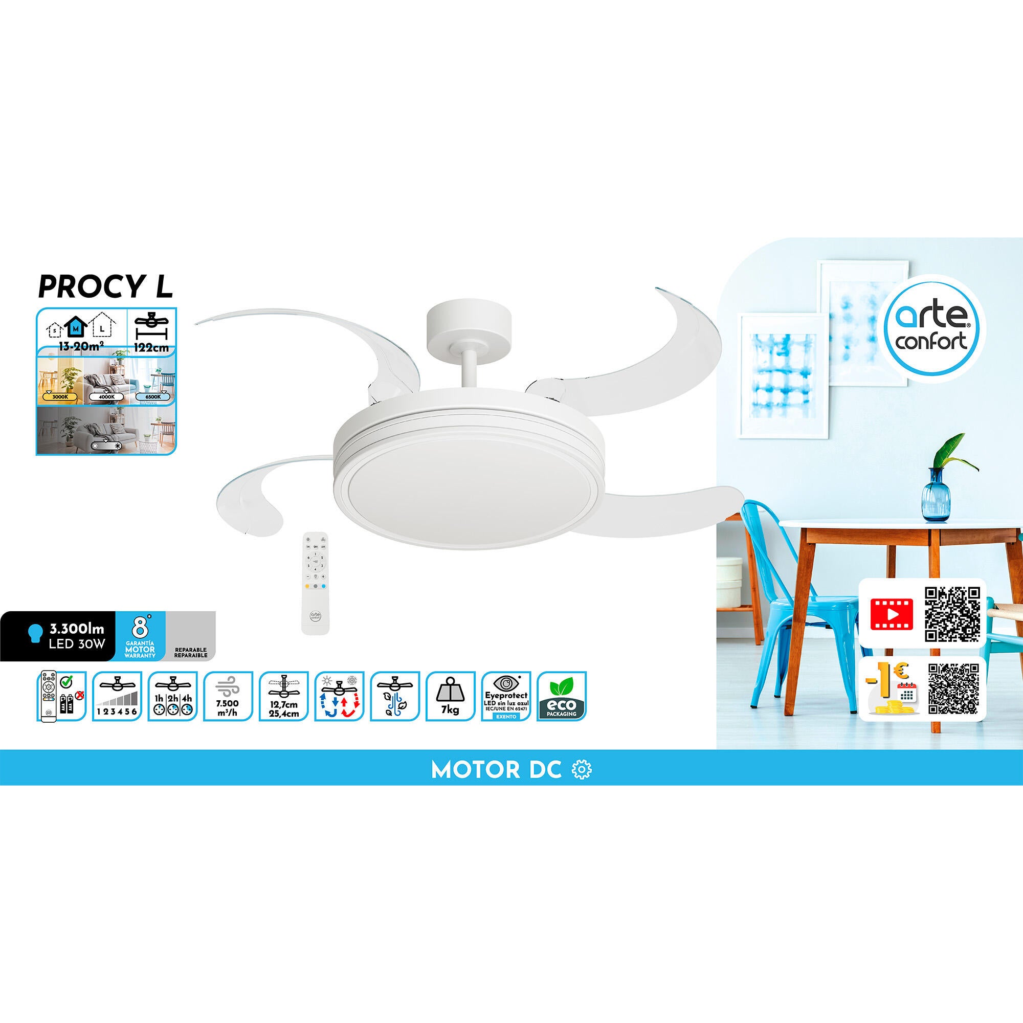 Ventilador de techo con luz silencioso DC 30W con mando ø122 cm Procy L ARTE CONFORT blanco luz CCT 4 aspas| 6 velocidades| modo verano/invierno| temporizador| brisa| recomendado de 13 a 20m² - 10