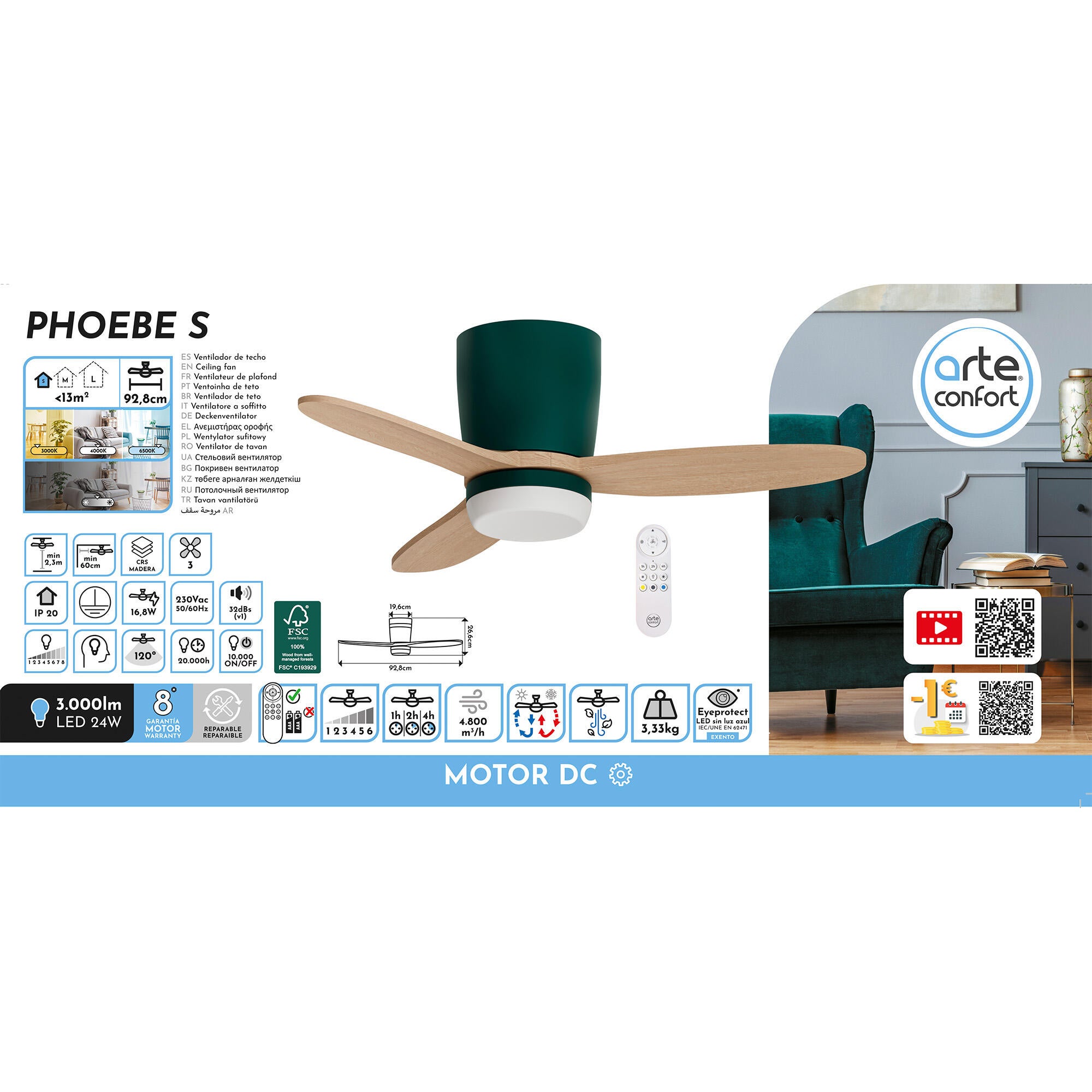 Ventilador de techo con luz silencioso DC Arte Confort Phoebe S Verde Fsc verde 92.8 cm - 9