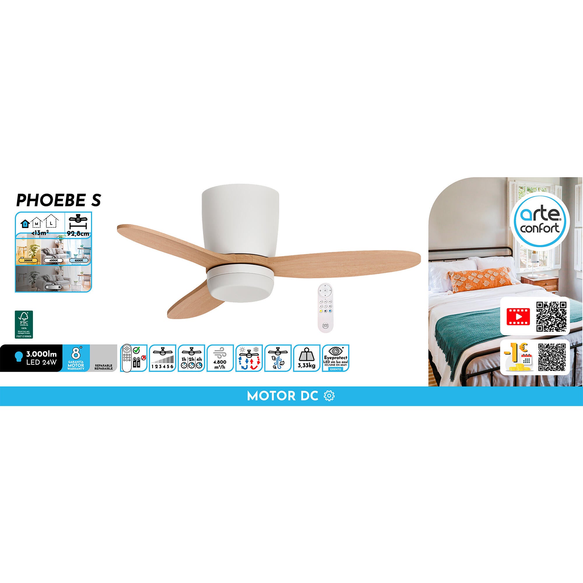 Ventilador de techo con luz silencioso DC Arte Confort Phoebe S Blanco Fsc blanco 92.8 cm - 10