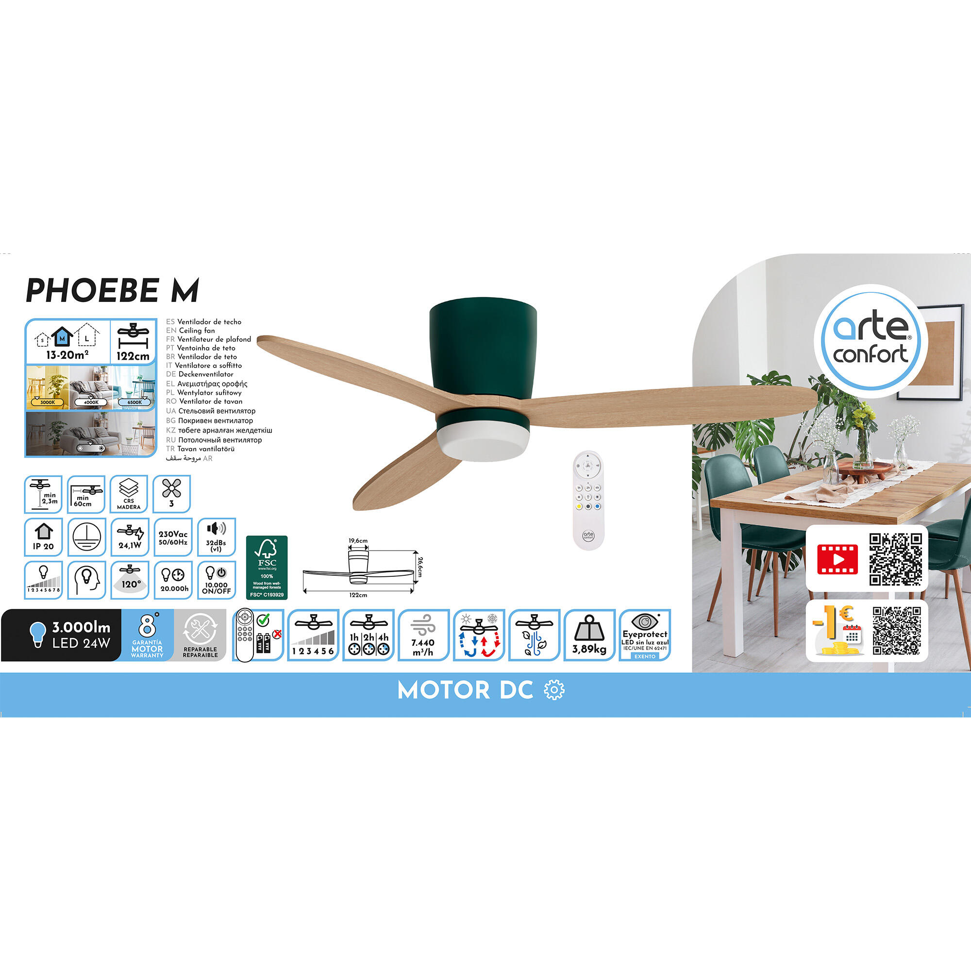 Ventilador de techo con luz silencioso DC Arte Confort Phoebe M Verde Fsc verde 122 cm - 9