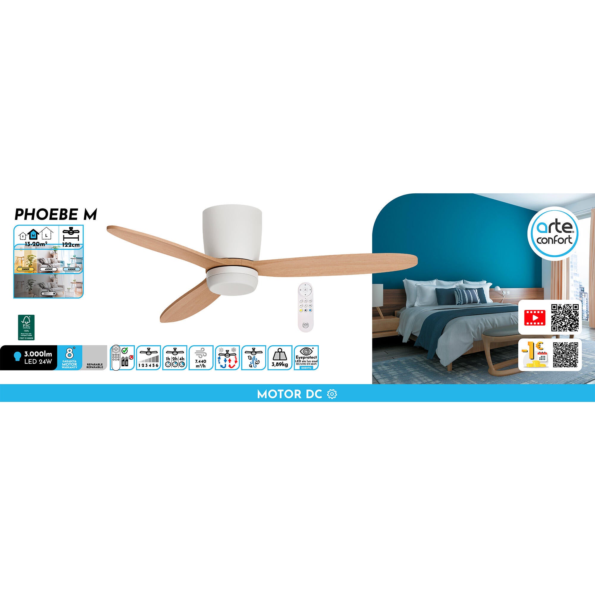 Ventilador de techo con luz silencioso DC Arte Confort Phoebe M Blanco Fsc blanco 122 cm - 10