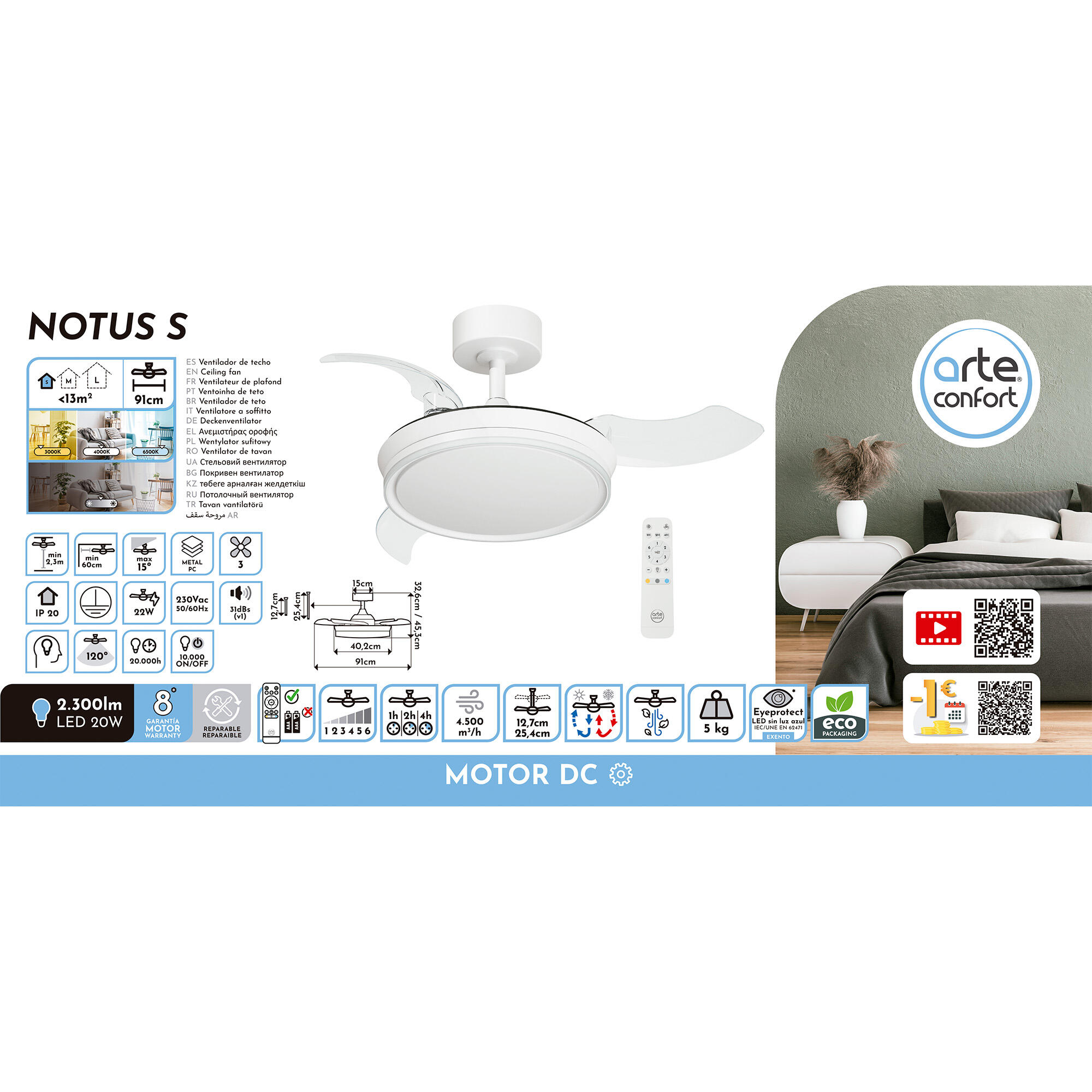 Ventilador de techo con luz silencioso DC 22W con mando ø91 cm Notus ARTE CONFORT blanco luz CCT 3 aspas retráctiles tipo lámpara| 6 velocidades| modo verano/invierno| temporizador| brisa| recomendado para <13m² - 10