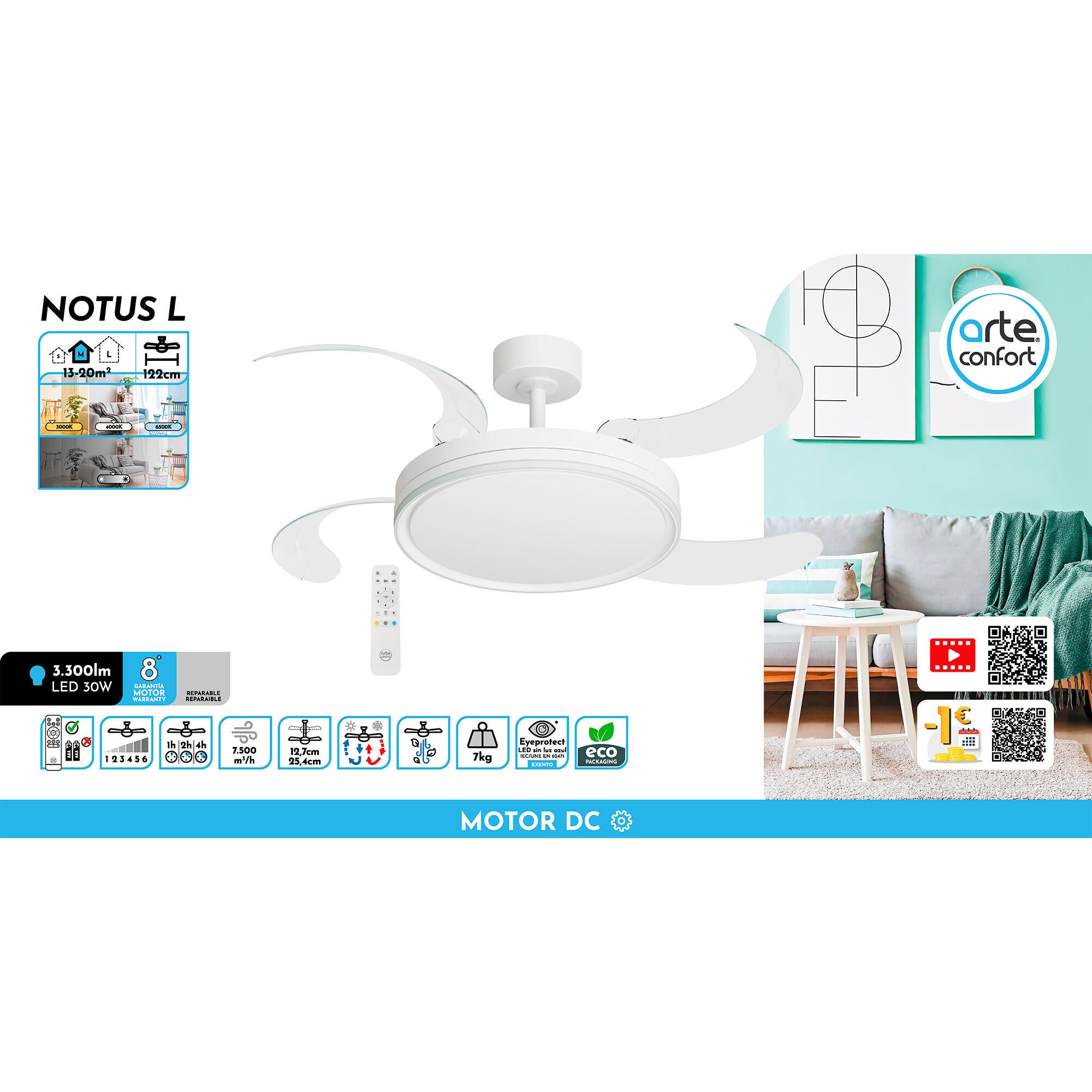 Ventilador de techo con luz silencioso DC Arte Confort Notus L  blanco 122 cm - 10