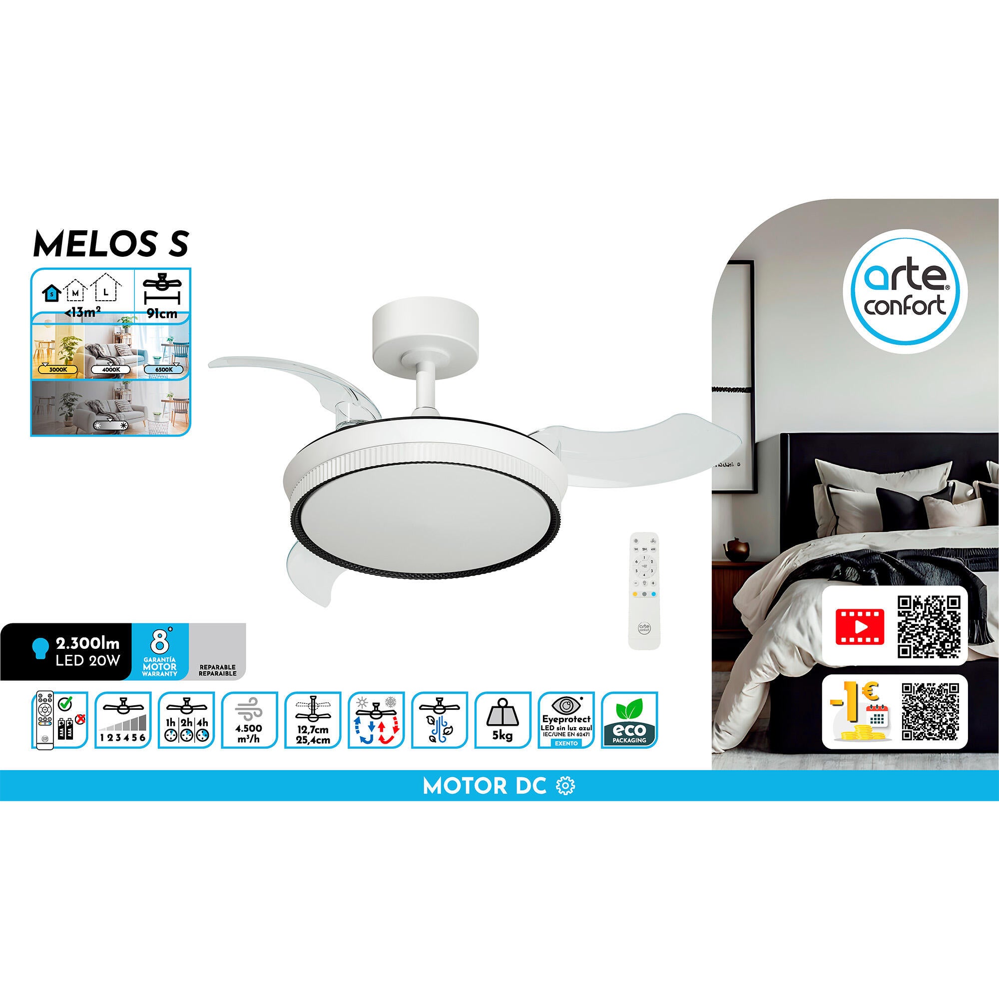 Ventilador de techo con luz silencioso DC Arte Confort Melos S blanco 91 cm - 10