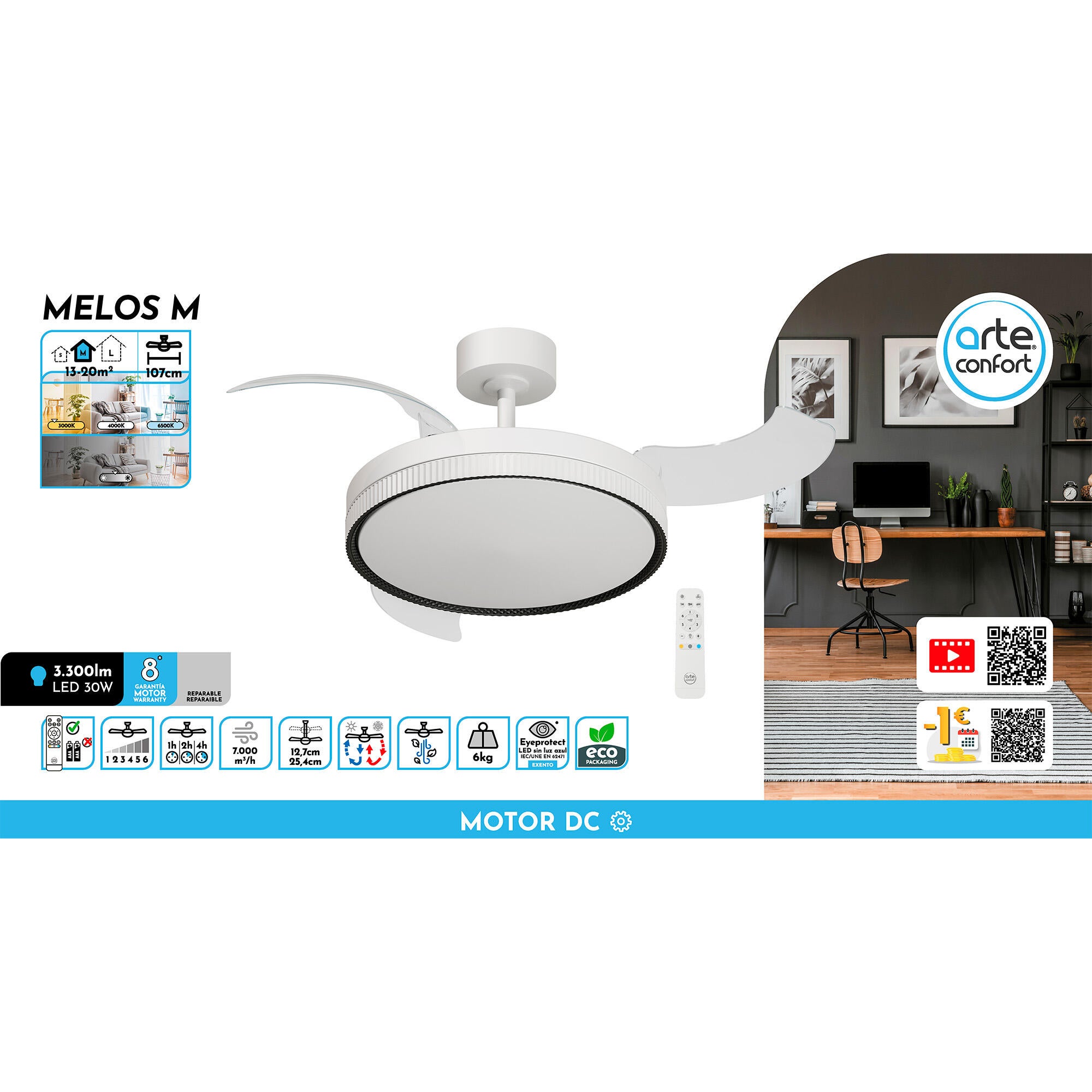 Ventilador de techo con luz silencioso DC 30W con mando ø107 cm Melos ARTE CONFORT blanco luz CCT 3 aspas retráctiles tipo lámpara| 6 velocidades| modo verano/invierno| brisa| temporizador| recomendado de 13 a 20m² - 10