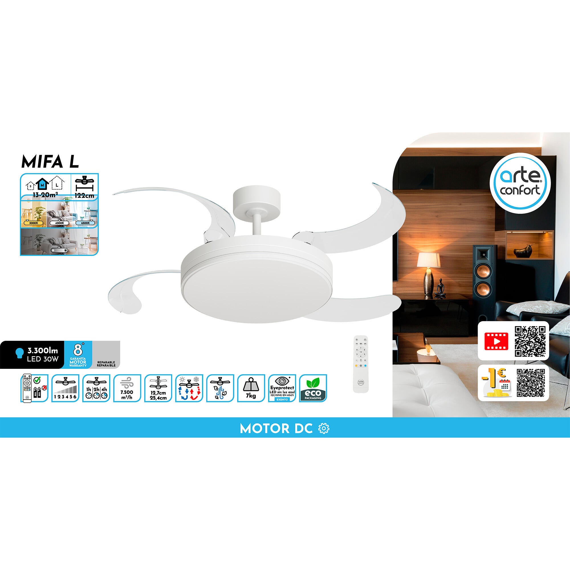 Ventilador de techo con luz silencioso DC 30W con mando ø122 cm Mifa ARTE CONFORT blanco luz CCT 4 aspas retráctiles tipo lámpara| 6 velocidades| modo verano/invierno| brisa| temporizador| recomendado de 13 a 20m² - 9