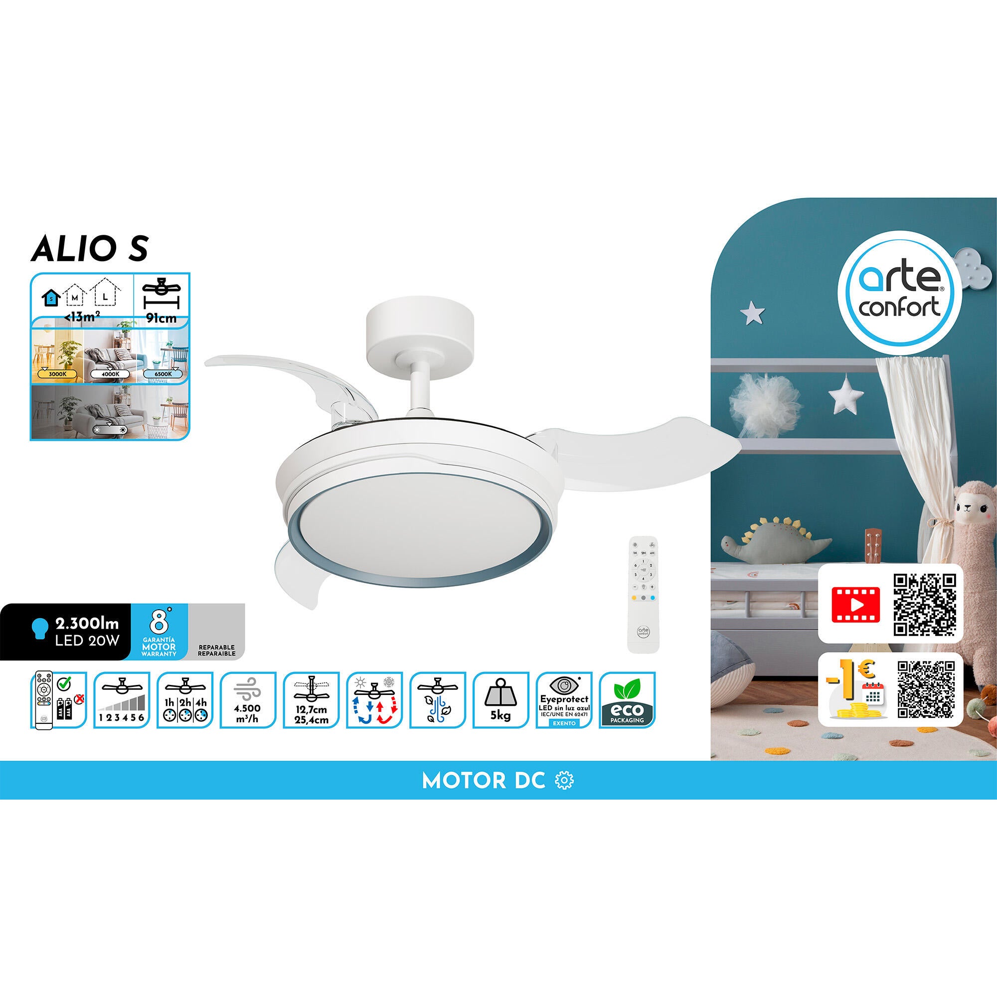 Ventilador de techo con luz silencioso DC 22W con mando ø91 cm Alio S ARTE CONFORT blanco luz CCT 3 aspas| 6 velocidades| modo verano/invierno| brisa| temporizador| recomendado para <13m² - 10