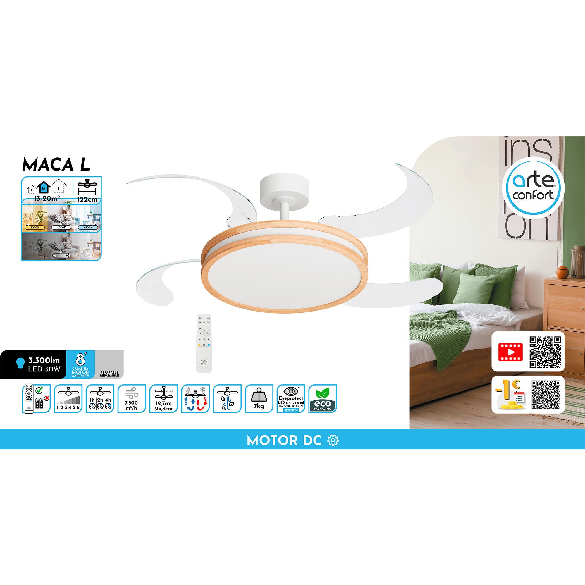 Ventilador de techo con luz silencioso DC 30W con mando ø122 cm Maca L ARTE CONFORT blanco luz CCT 4 aspas| 6 velocidades| modo verano/invierno| brisa| recomendado de 13 a 20m² - 9