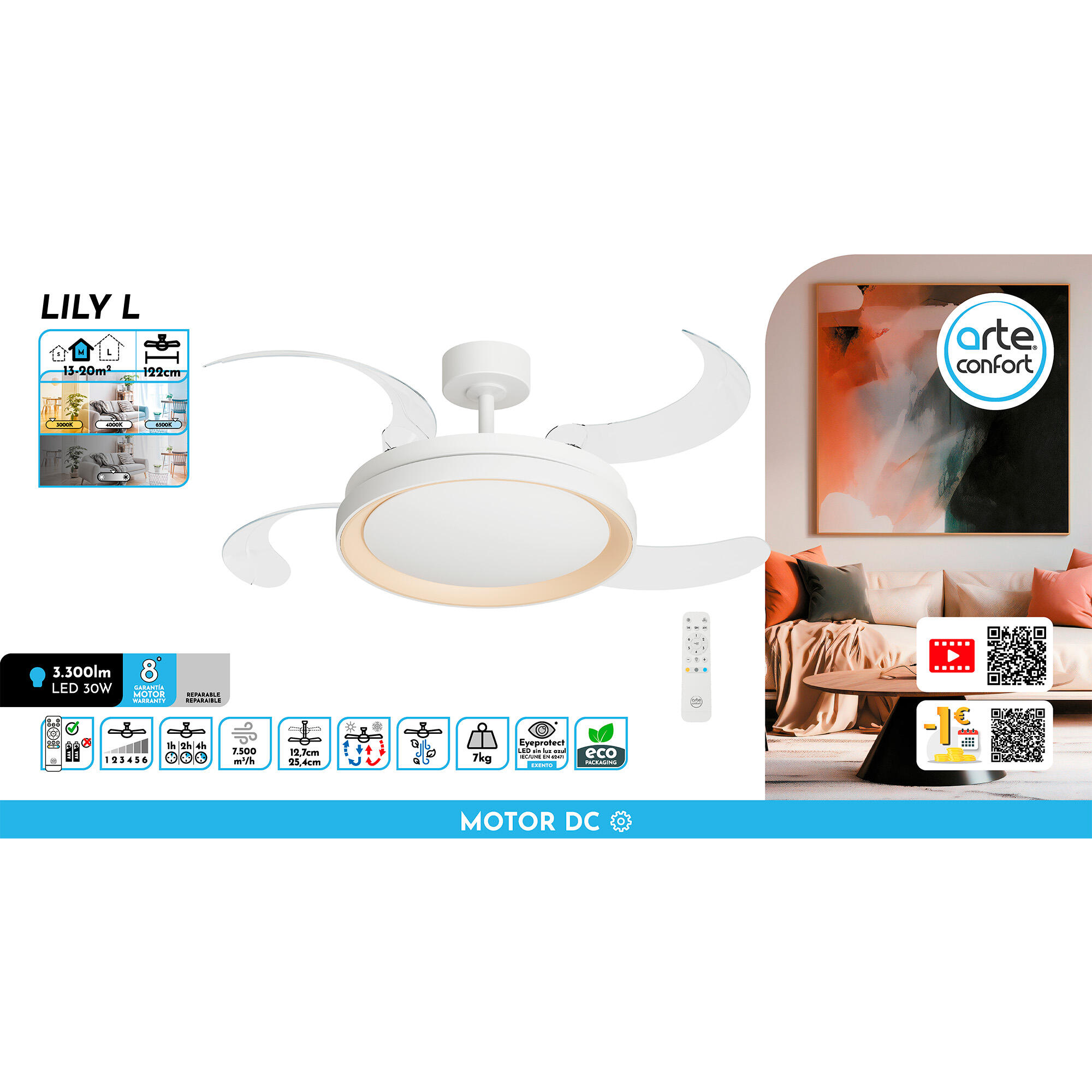 Ventilador de techo con luz silencioso DC Arte Confort Lily L blanco 122 cm - 9