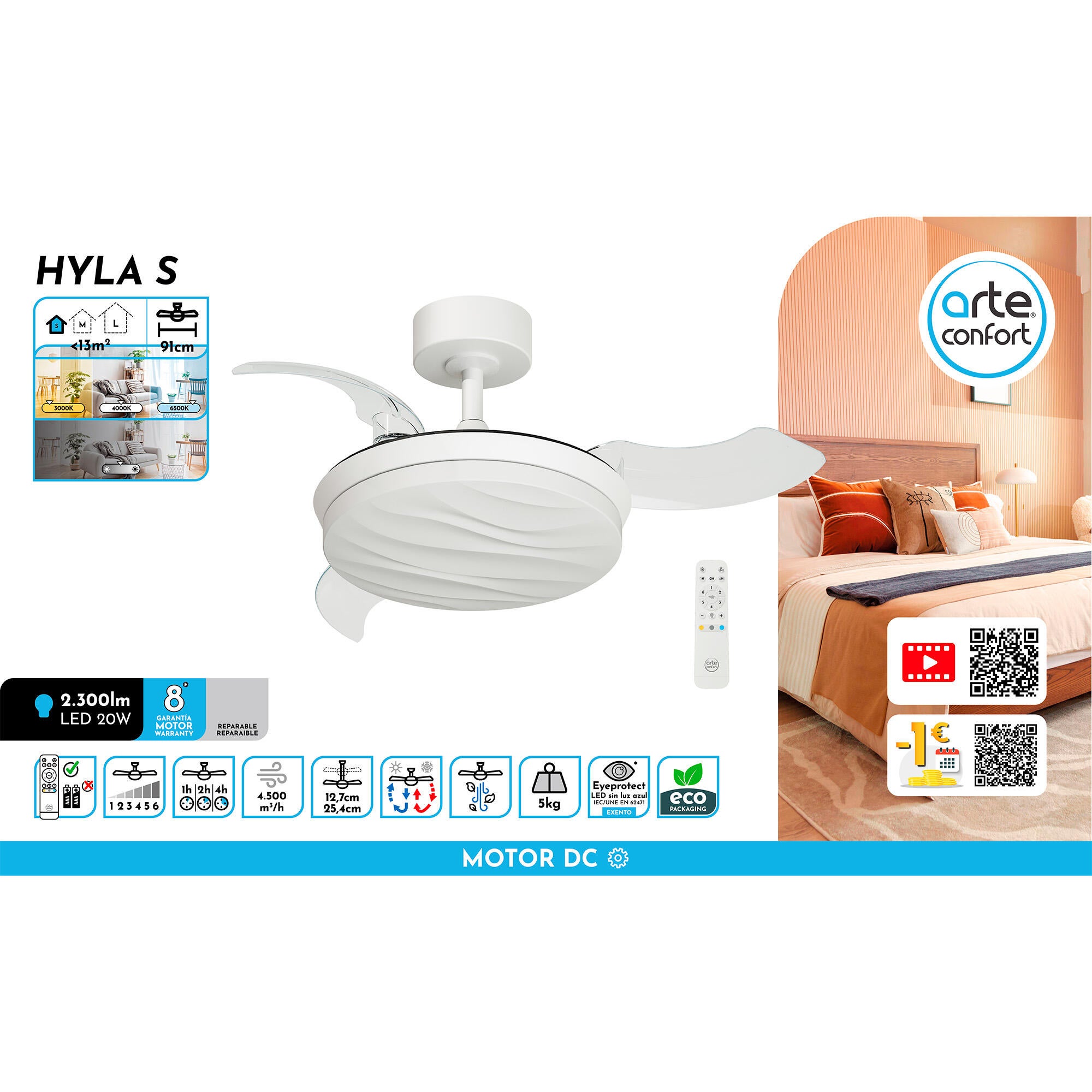 Ventilador de techo con luz silencioso DC 22W con mando ø91 cm Hyla ARTE CONFORT blanco luz CCT 3 aspas retráctiles tipo lámpara| 6 velocidades| modo verano/invierno| temporizador| brisa| recomendado para <13m² - 10
