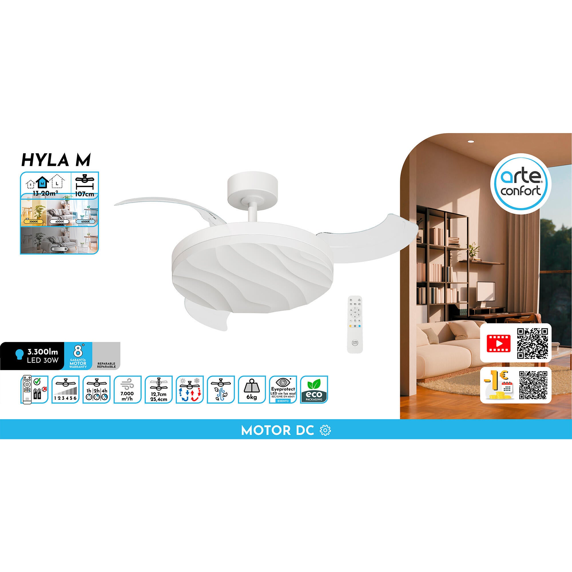 Ventilador de techo con luz silencioso DC 30W con mando ø107 cm Hyla ARTE CONFORT blanco luz CCT 3 aspas retráctiles tipo lámpara| 6 velocidades| modo verano/invierno| brisa| temporizador| recomendado de 13 a 20m² - 10