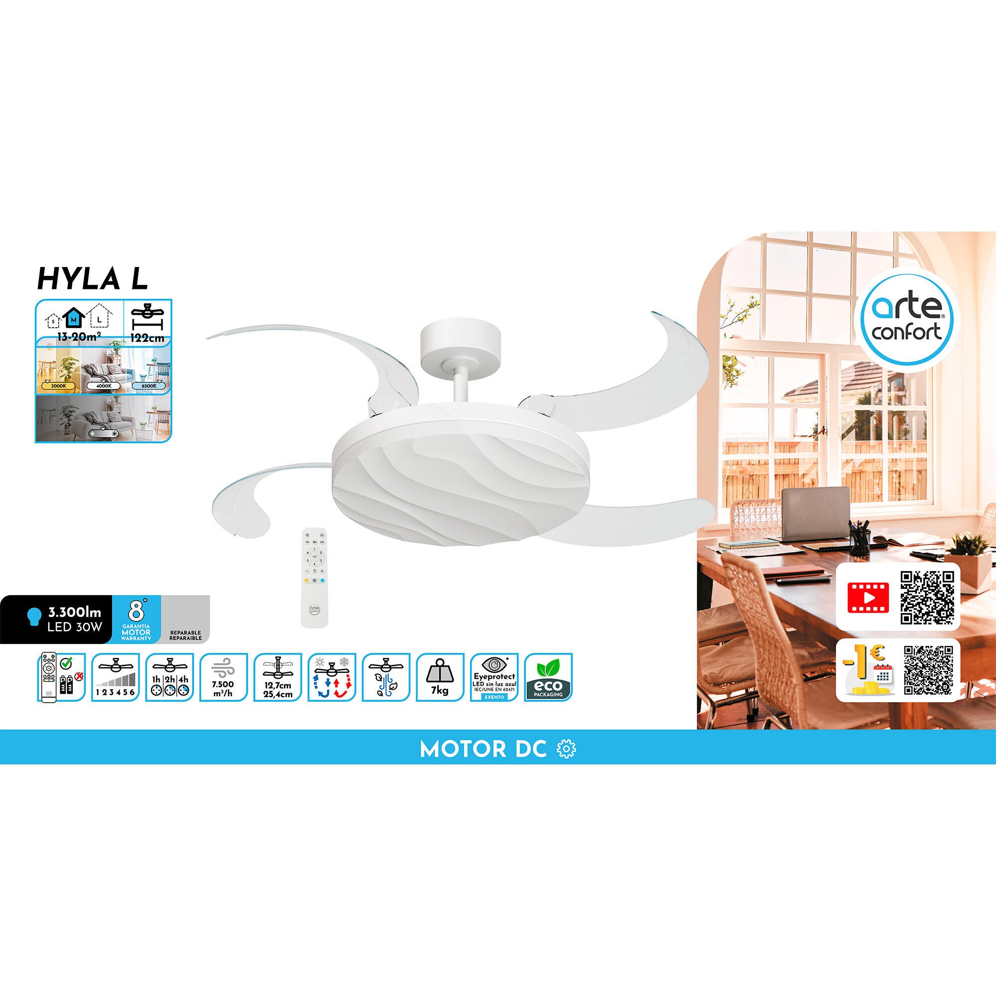 Ventilador de techo con luz silencioso DC 30W con mando ø122 cm Hyla L ARTE CONFORT blanco luz CCT 4 aspas| 6 velocidades| modo verano/invierno| temporizador| brisa| recomendado de 13 a 20m² - 10