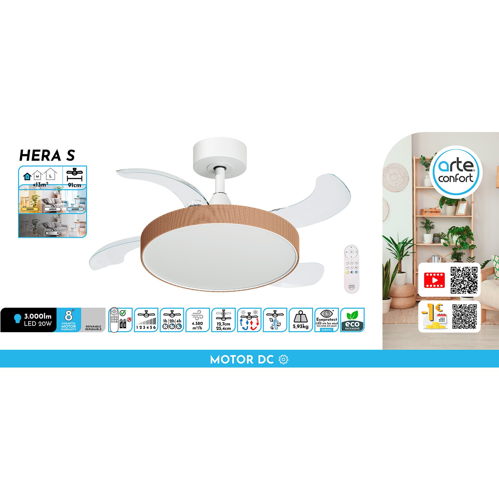 Ventilador de techo con luz silencioso DC 20W con mando ø91 cm Hera ARTE CONFORT blanco luz CCT 4 aspas| 6 velocidades| modo verano/invierno| brisa| temporizador| recomendado para <13m² - 10