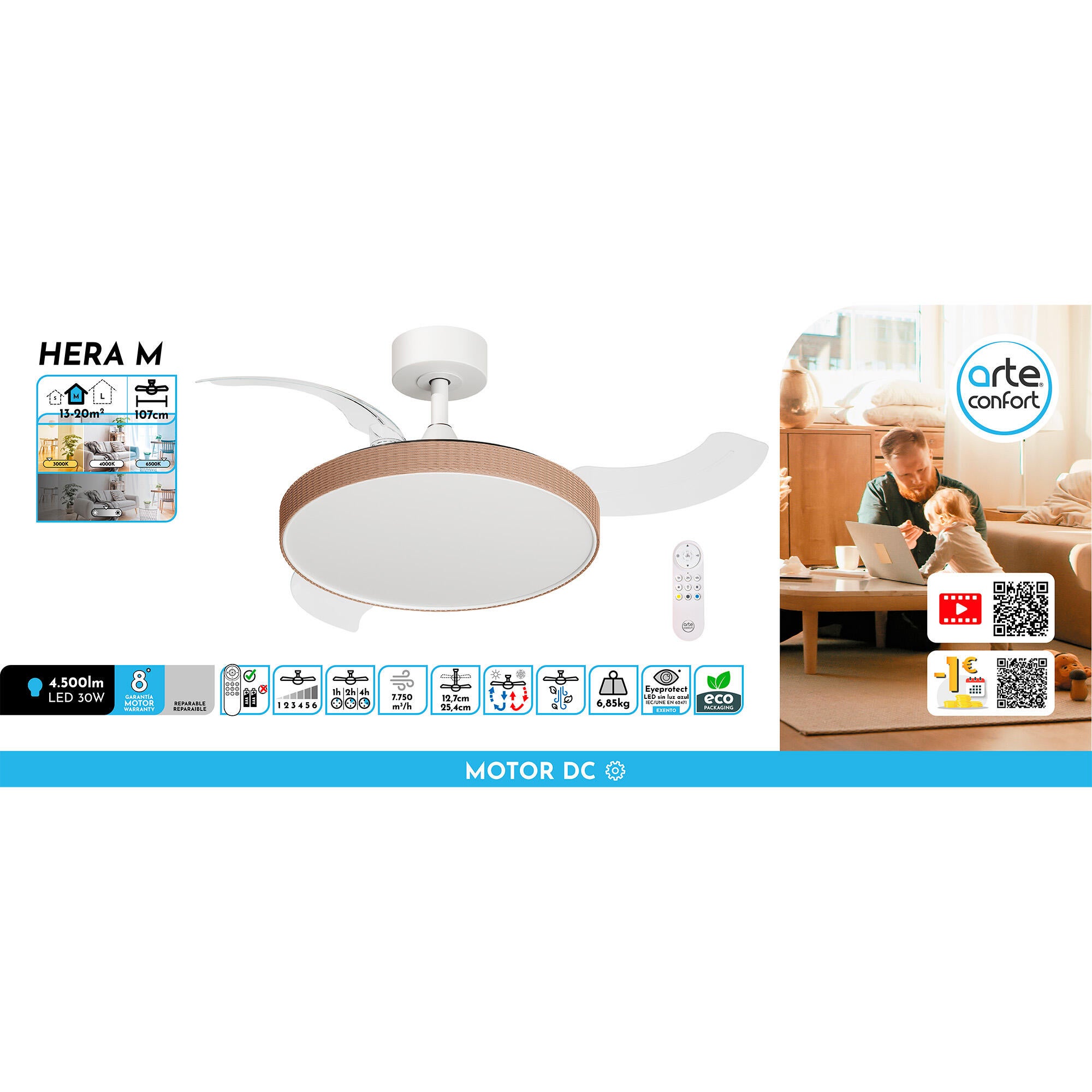 Ventilador de techo con luz silencioso DC 25W con mando ø107 cm Hera ARTE CONFORT blanco luz CCT 3 aspas| 6 velocidades| modo verano/invierno| brisa| temporizador| recomendado de 13 a 20m² - 10