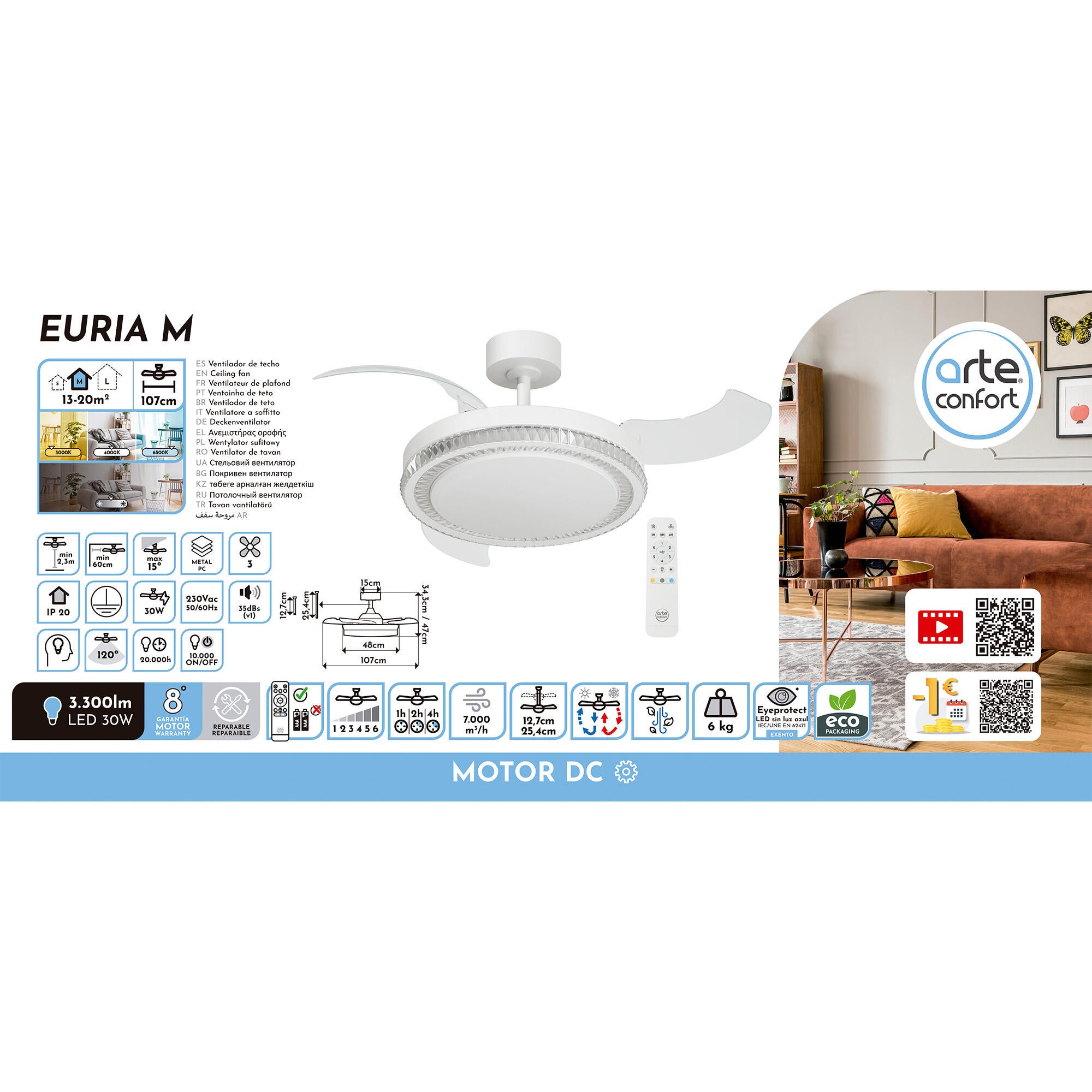 Ventilador de techo con luz silencioso DC Arte Confort Euria M blanco 107 cm - 10