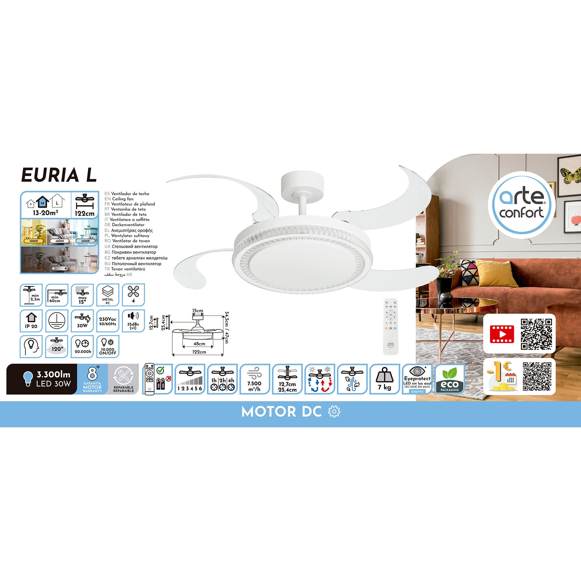 Ventilador de techo con luz silencioso DC Arte Confort Euria L blanco 122 cm - 10