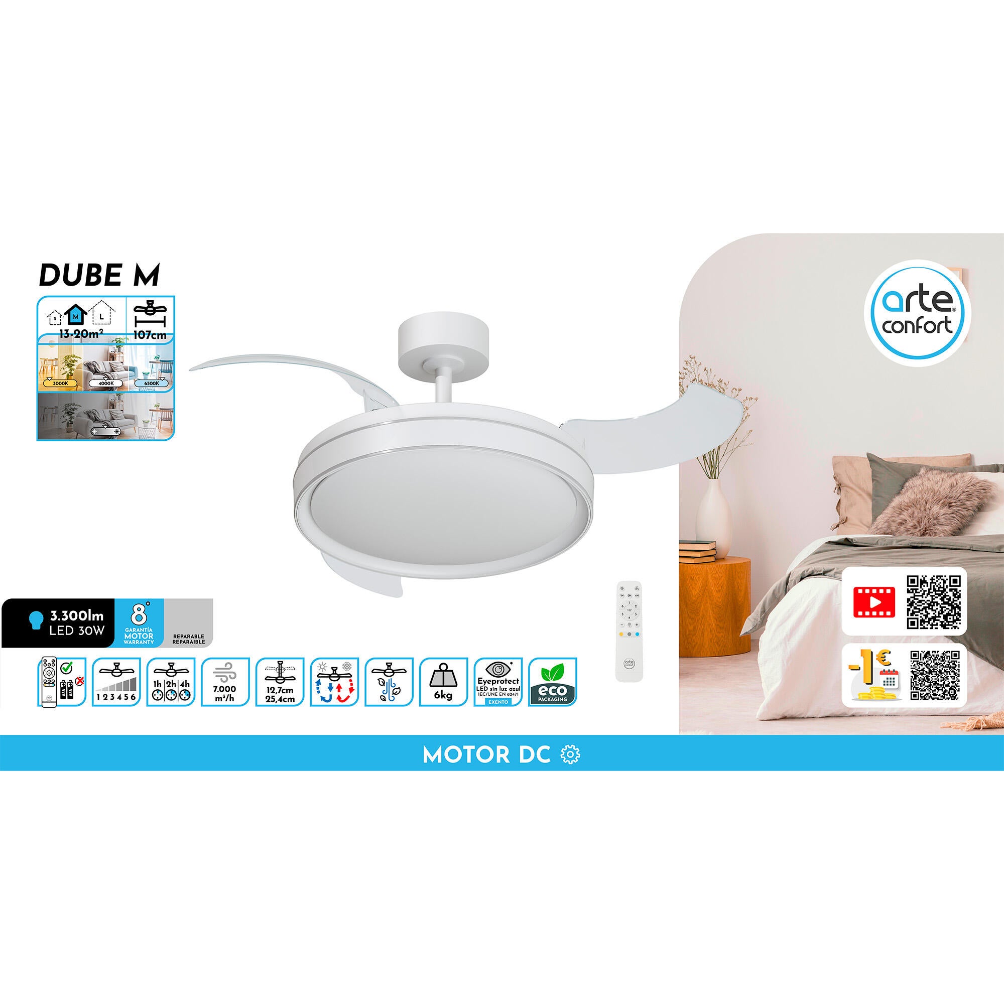 Ventilador de techo con luz silencioso DC Arte Confort Dube M Blanco/Plata blanco/gris 107 cm - 10
