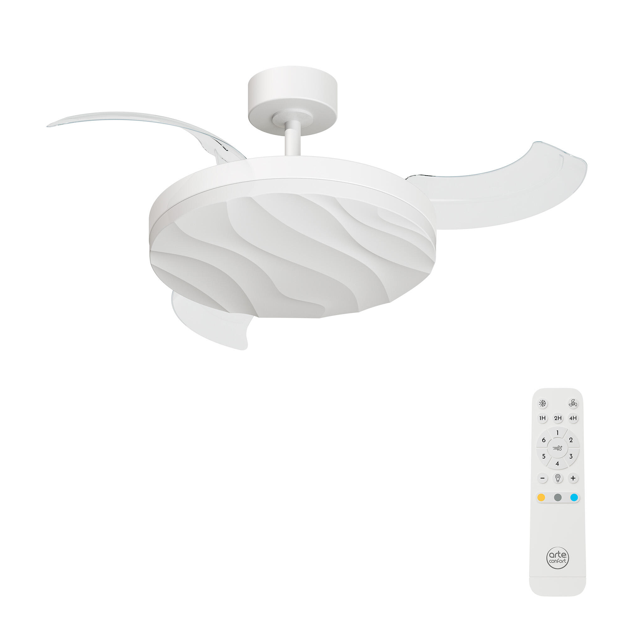 Ventilador de techo con luz silencioso DC 30W con mando ø107 cm Hyla ARTE CONFORT blanco luz CCT 3 aspas retráctiles tipo lámpara| 6 velocidades| modo verano/invierno| brisa| temporizador| recomendado de 13 a 20m² - 2