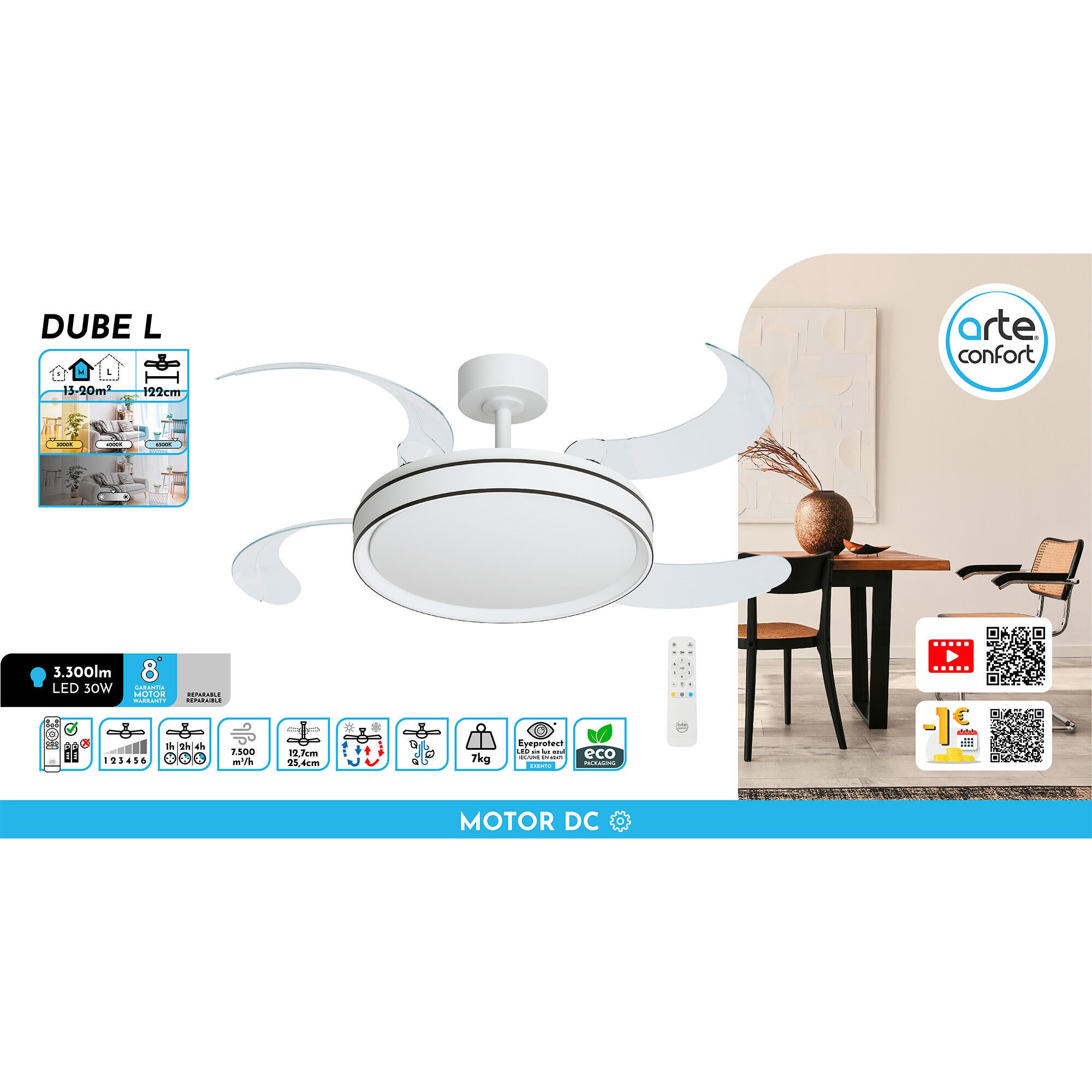 Ventilador de techo con luz silencioso DC Arte Confort Dube L Blanco/Negro blanco/negro 122 cm - 10