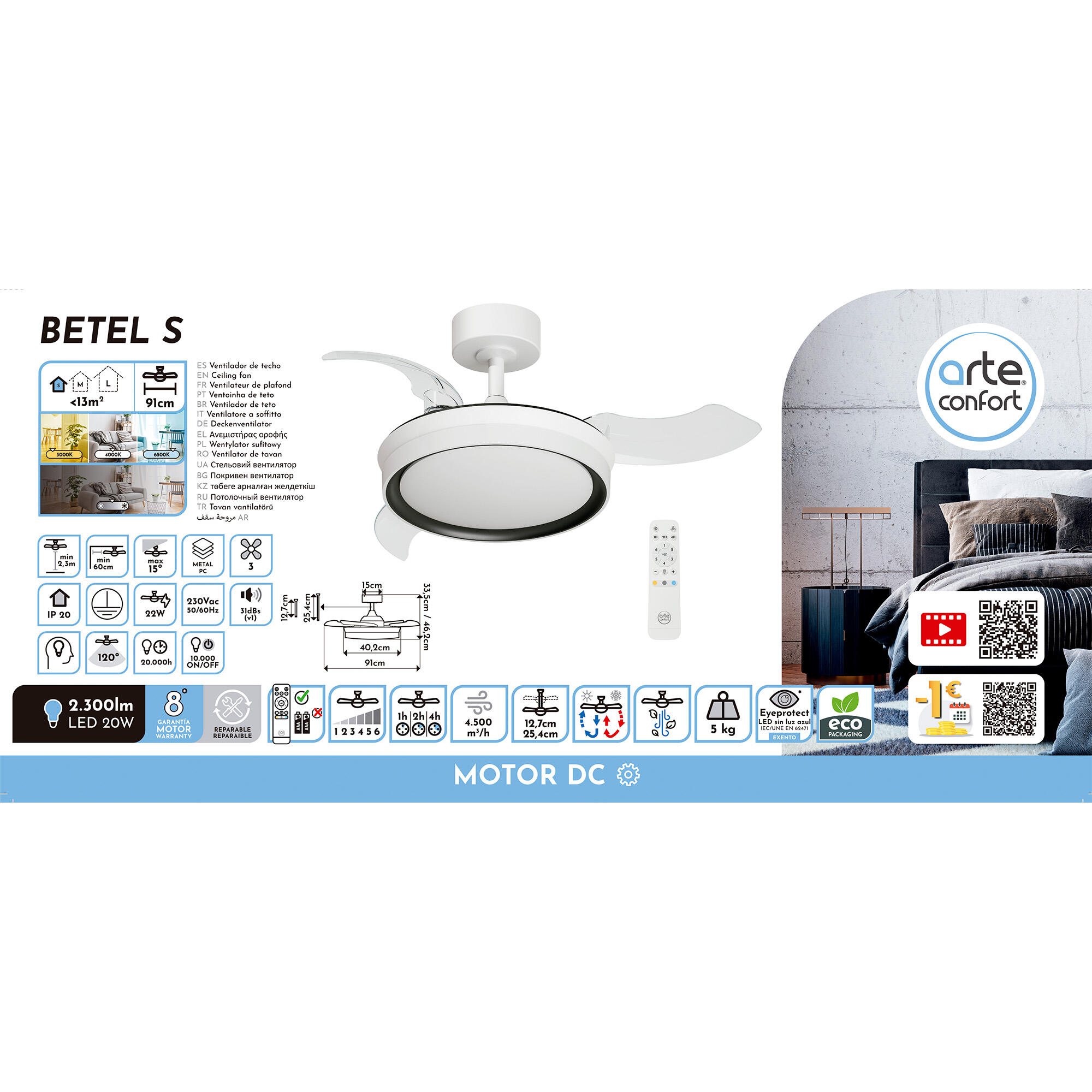 Ventilador de techo con luz silencioso DC 22W con mando ø91 cm Betel ARTE CONFORT blanco y negro luz CCT 3 aspas retráctiles tipo lámpara| 6 velocidades| modo verano/invierno| temporizador| brisa| recomendado para <13m² - 10