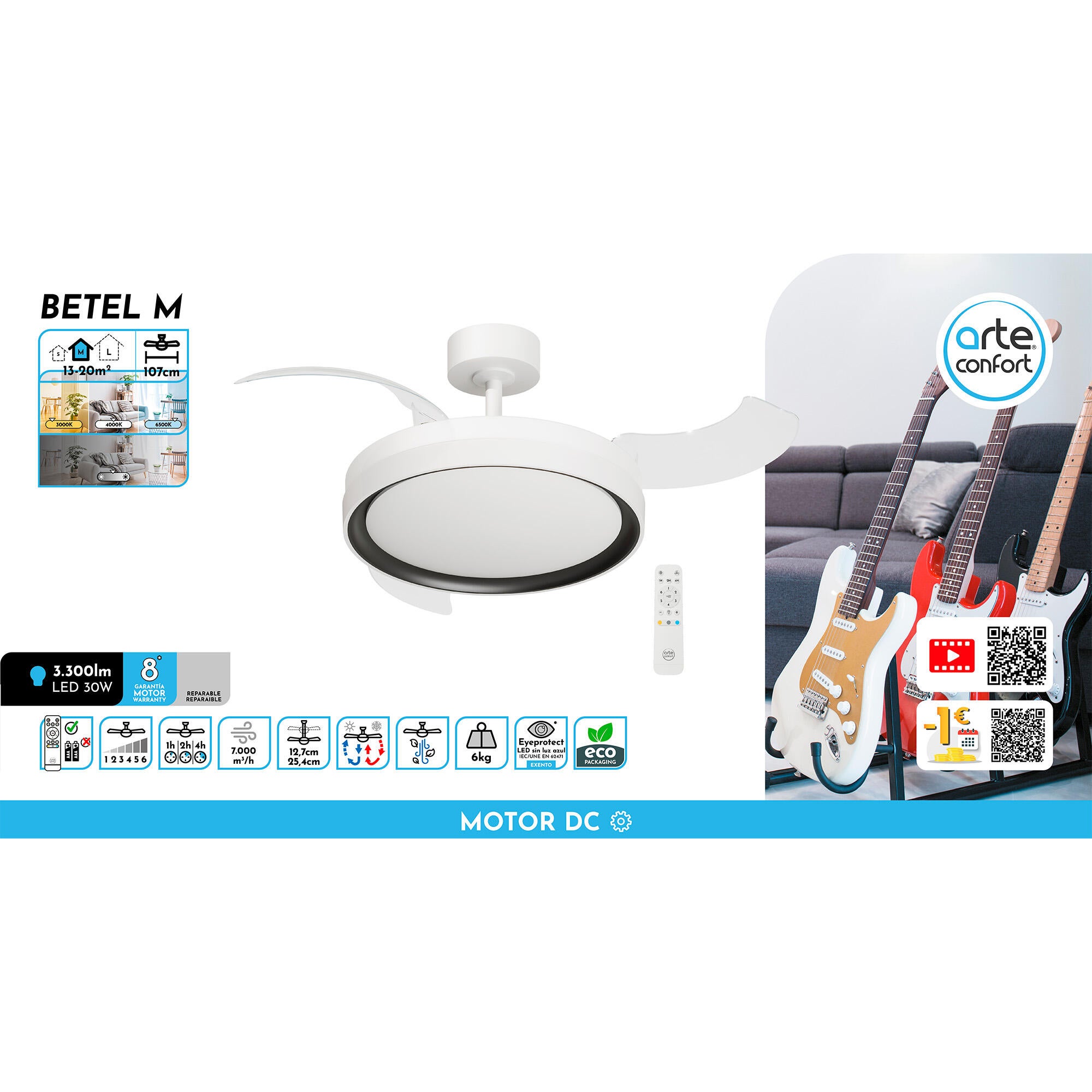 Ventilador de techo con luz silencioso DC Arte Confort Betel M blanco/negro 107 cm - 10