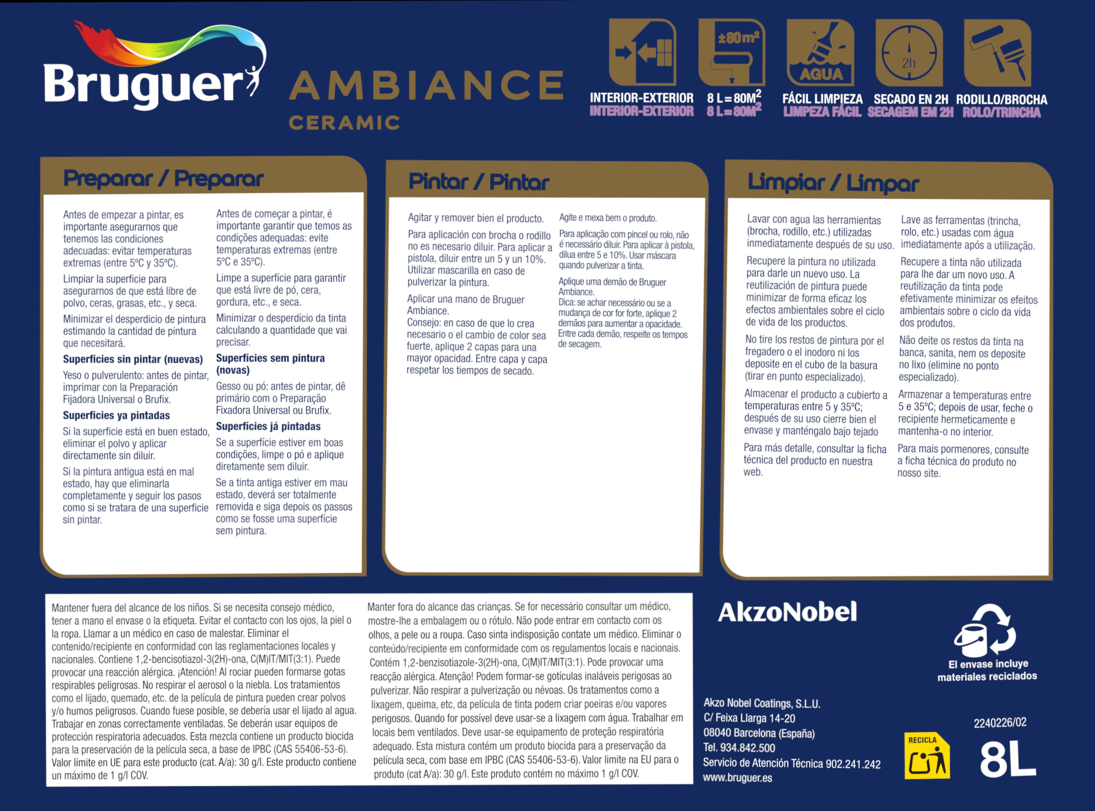 Pintura de interior Ambiance Ceramic BRUGUER color blanco mate profundo 8L para paredes y techos - 8