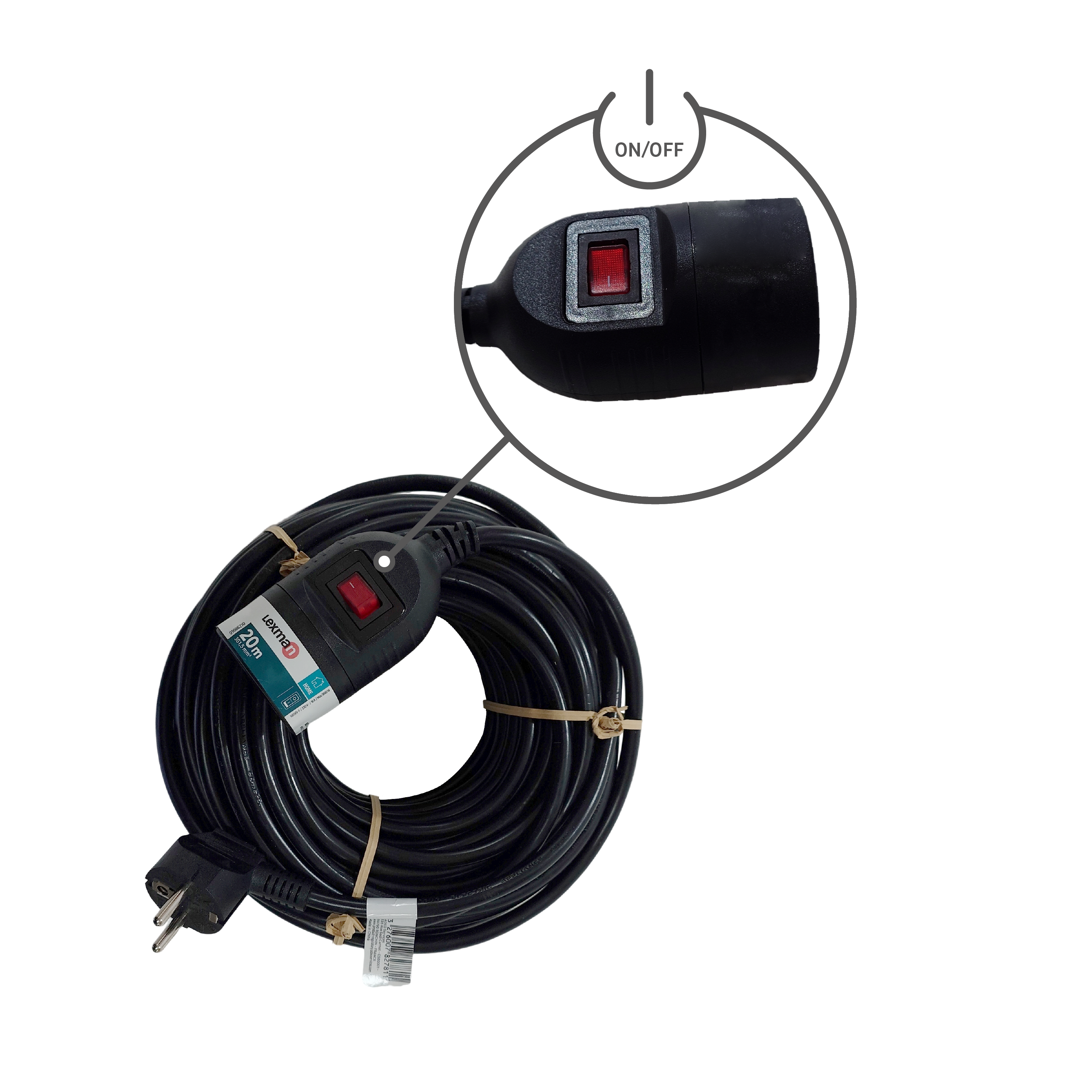 Prolongador com interruptor LEXMAN H05VV-F 3G1.5 16A 20M Preto - 2
