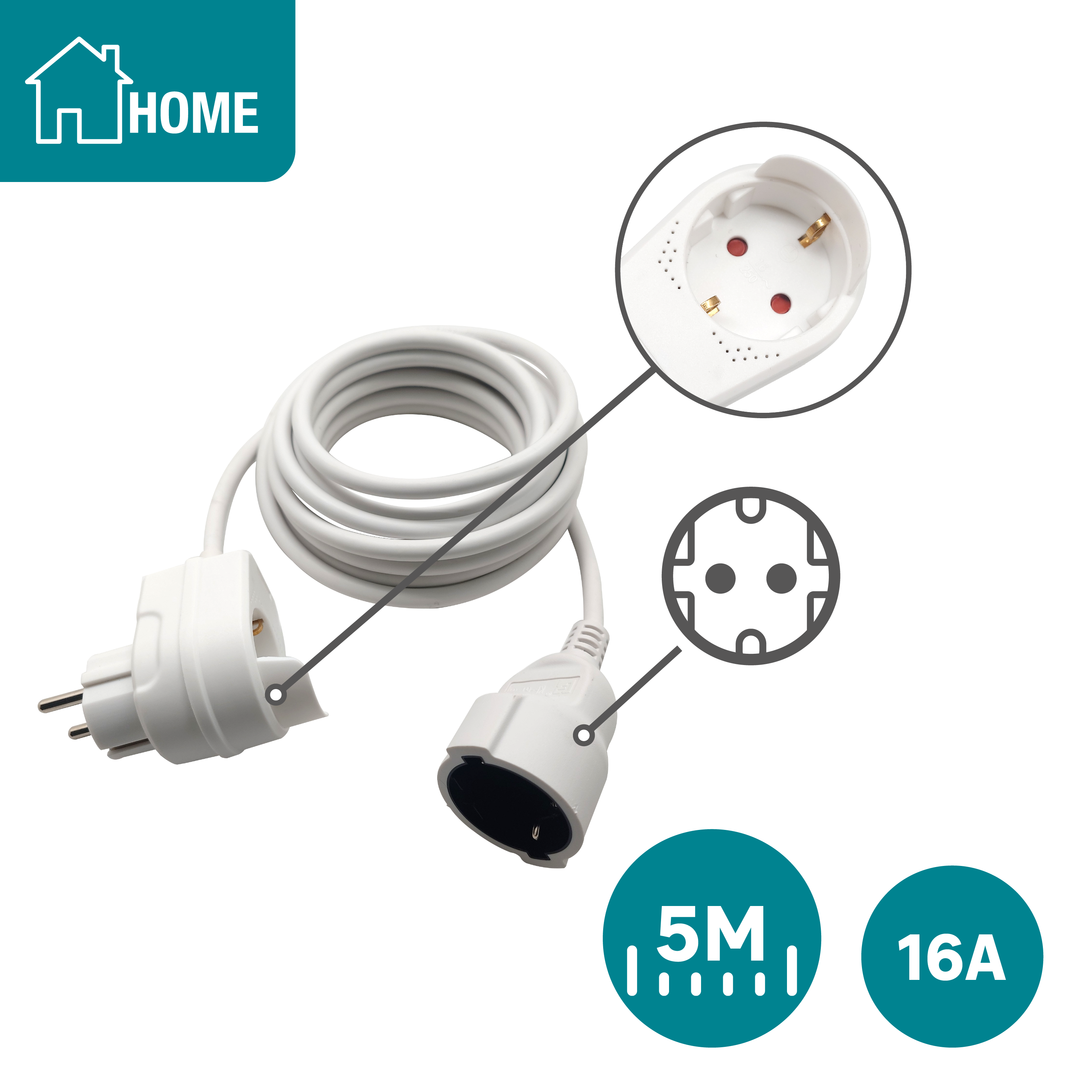 Prolongador com tomada reutilizável LEXMAN H05VV-F 3G1.5 16A 5M Branco - 5