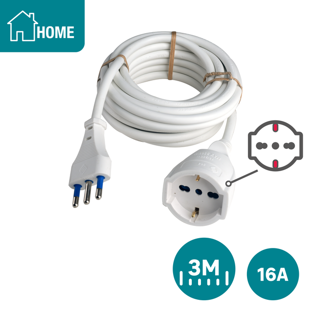 Prolunga elettrica LEXMAN 3m bianco H05VV-F, 3 x 1.5 mm² spina 2P+T 16A, presa 2P+T
