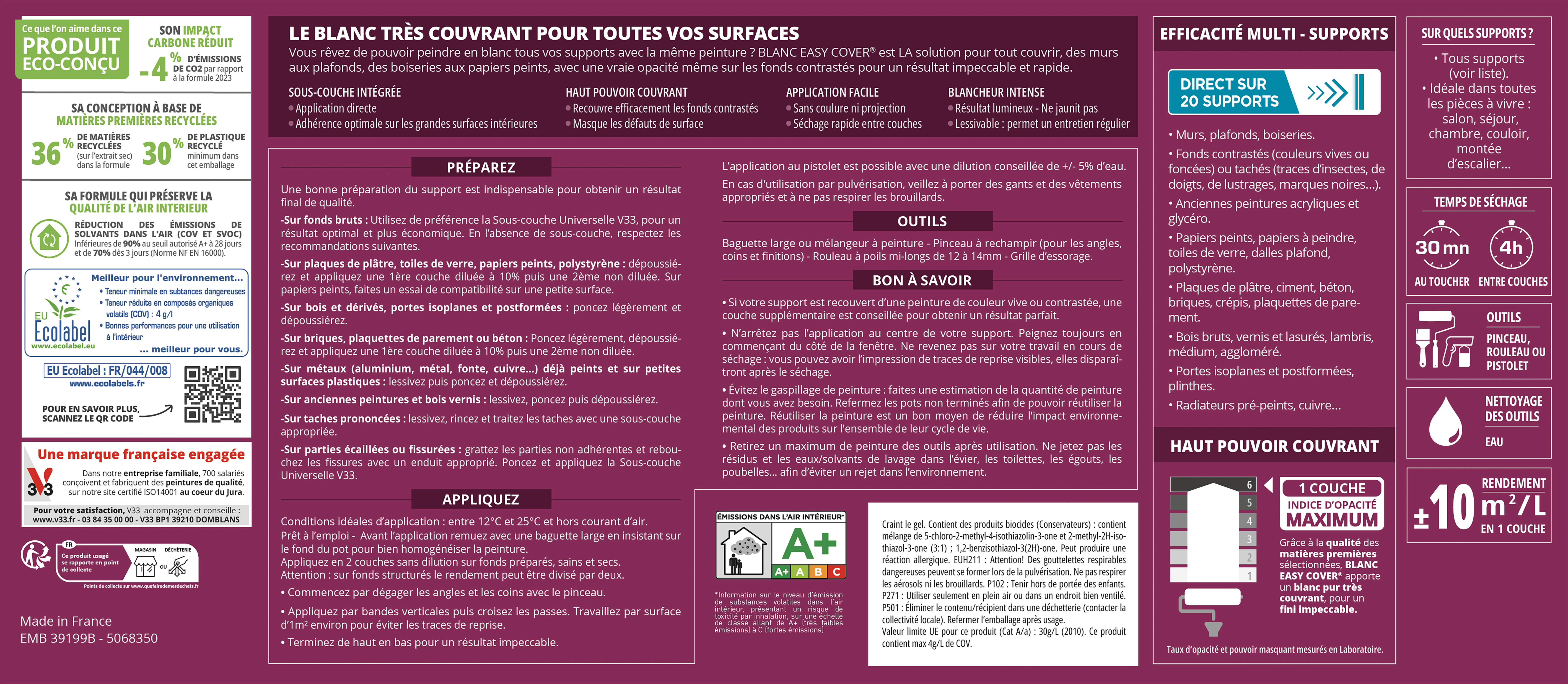 Peinture mur, plafond blanc mat V33 Easy cover® 2.5L - 8