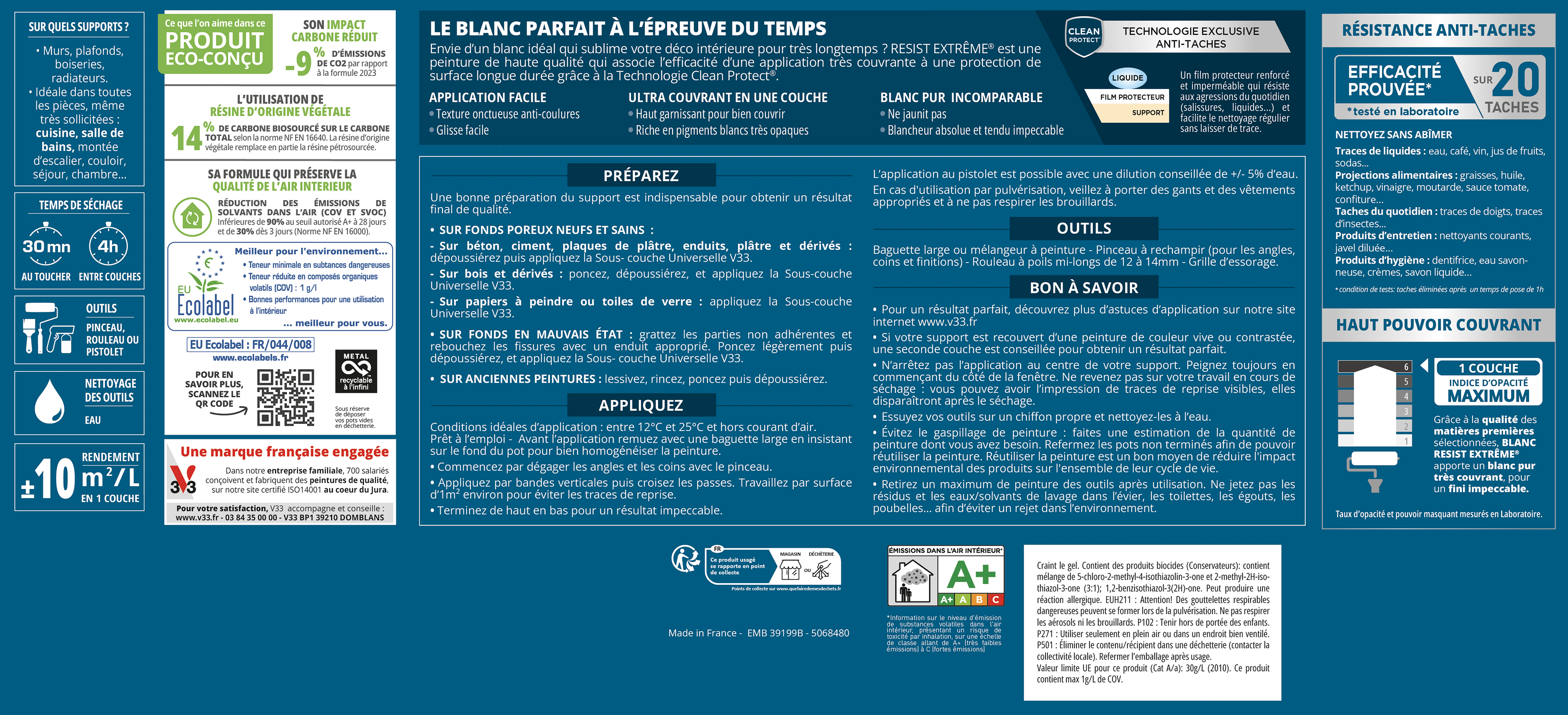 Peinture mur, plafond, boiserie blanc satin V33 Résist' extrême® 10L - 10