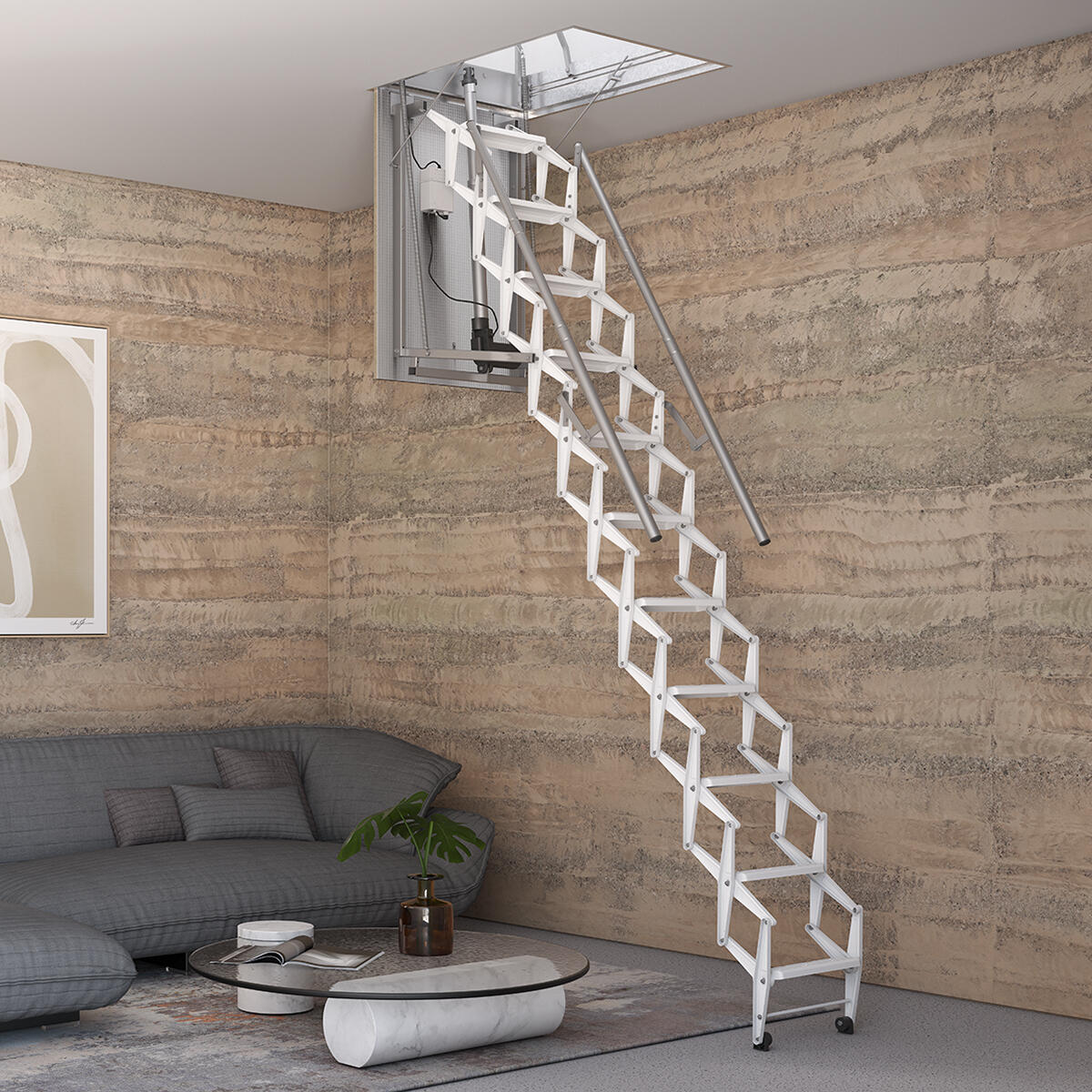 Escalera escamoteable de tijera aurea de acero blanca de 120x70cm