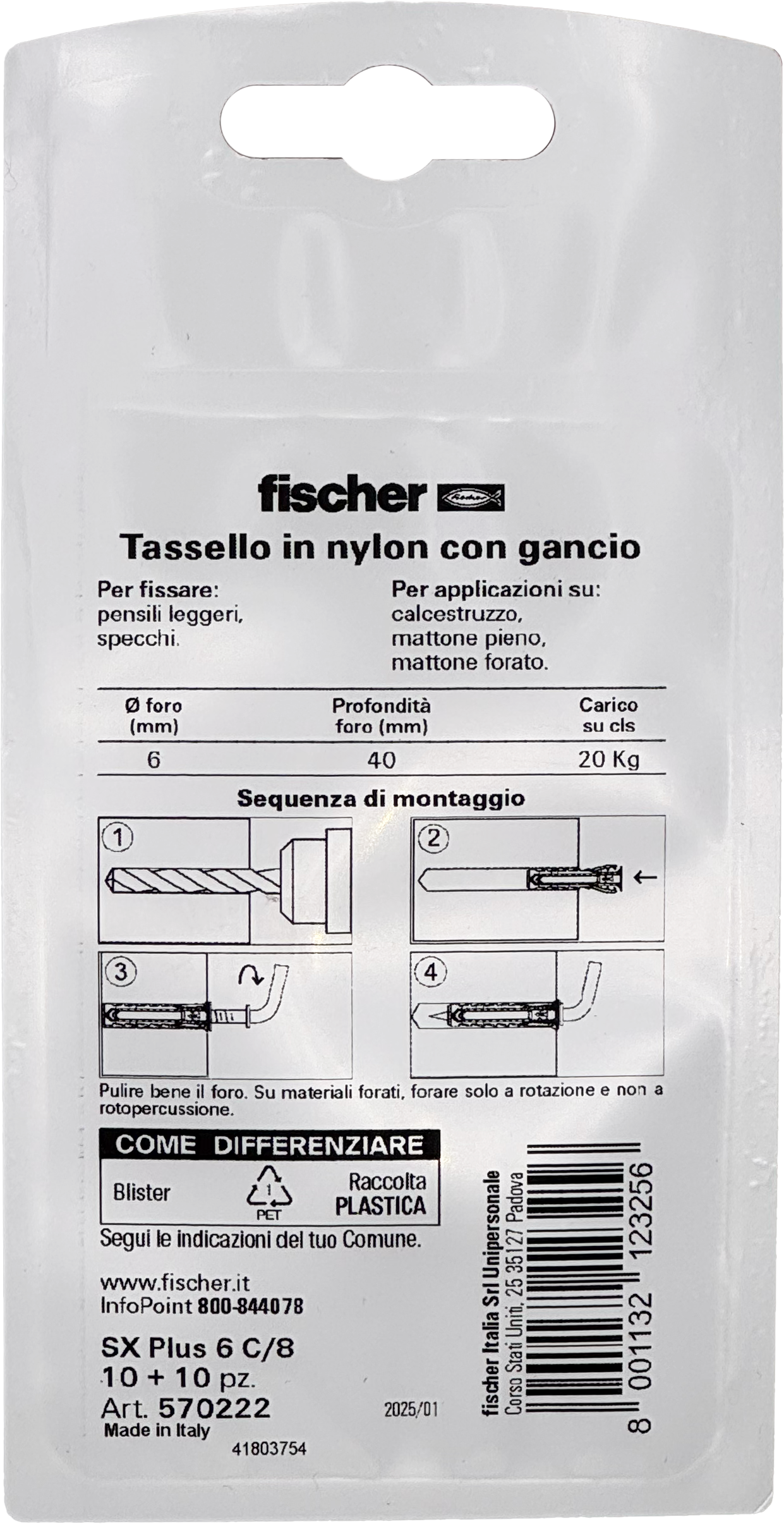 Set di tasselli con gancio a L FISCHER SX Plus 6 C/8 K in nylon ø 6 mm, 8 pezzi - 2