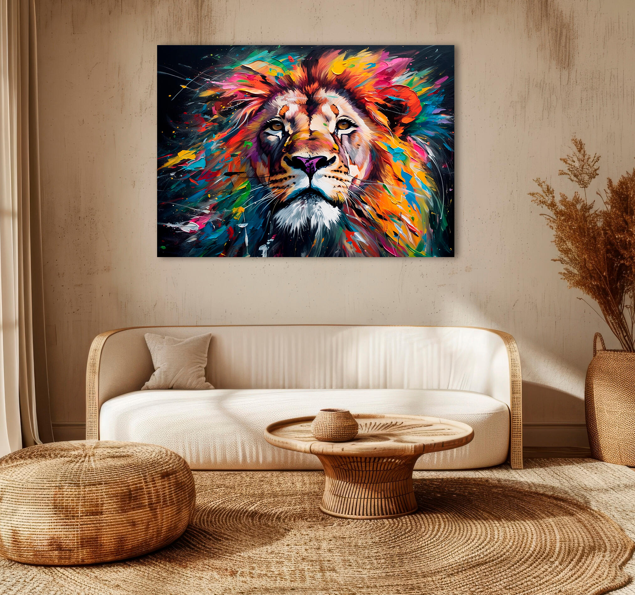Objeto decorativo sin marco Arte rectangular de 140 x 100 cm. MDF Leon multicolor pasteles cálidos - 9