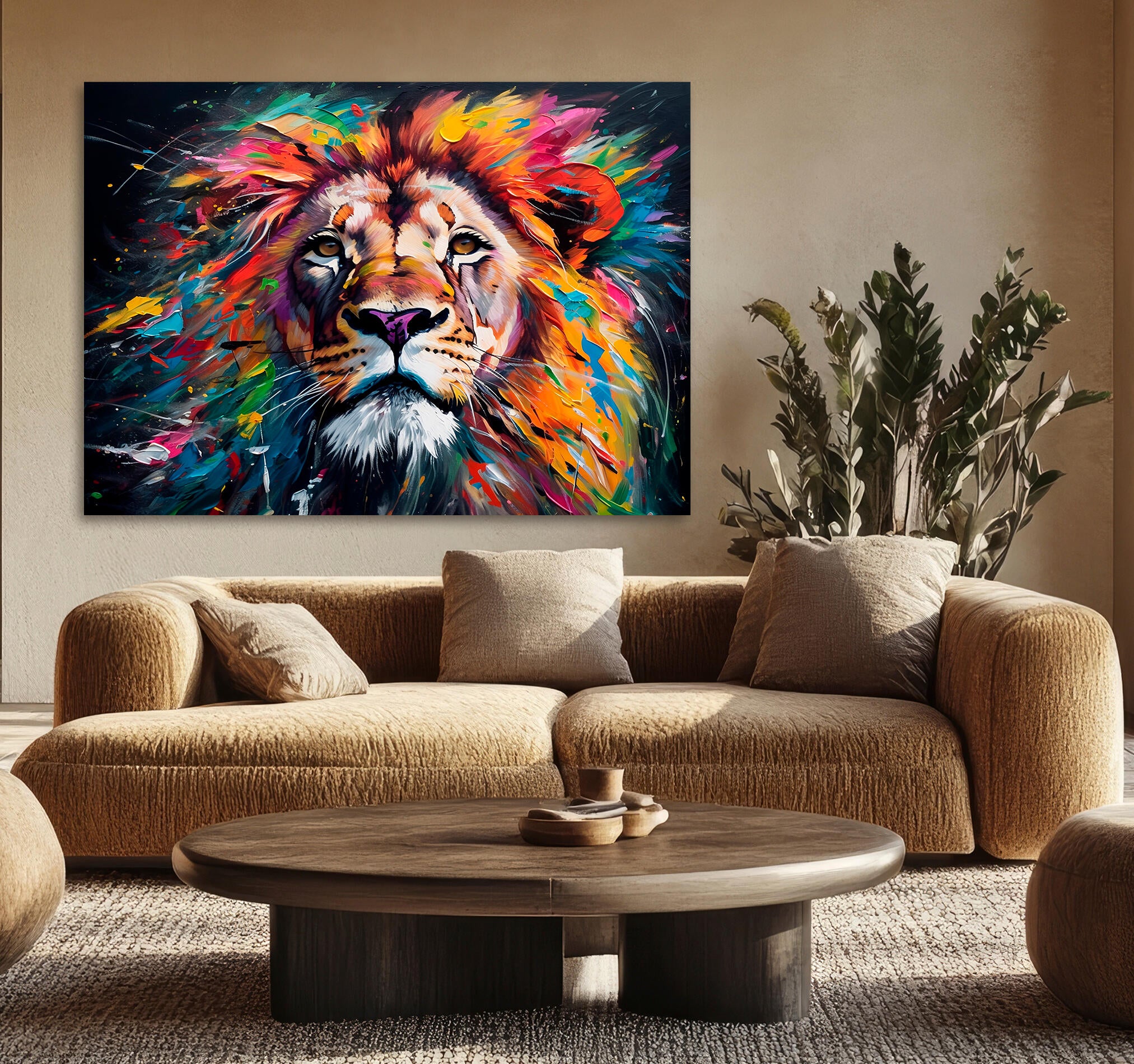 Objeto decorativo sin marco Arte rectangular de 140 x 100 cm. MDF Leon multicolor pasteles cálidos - 8
