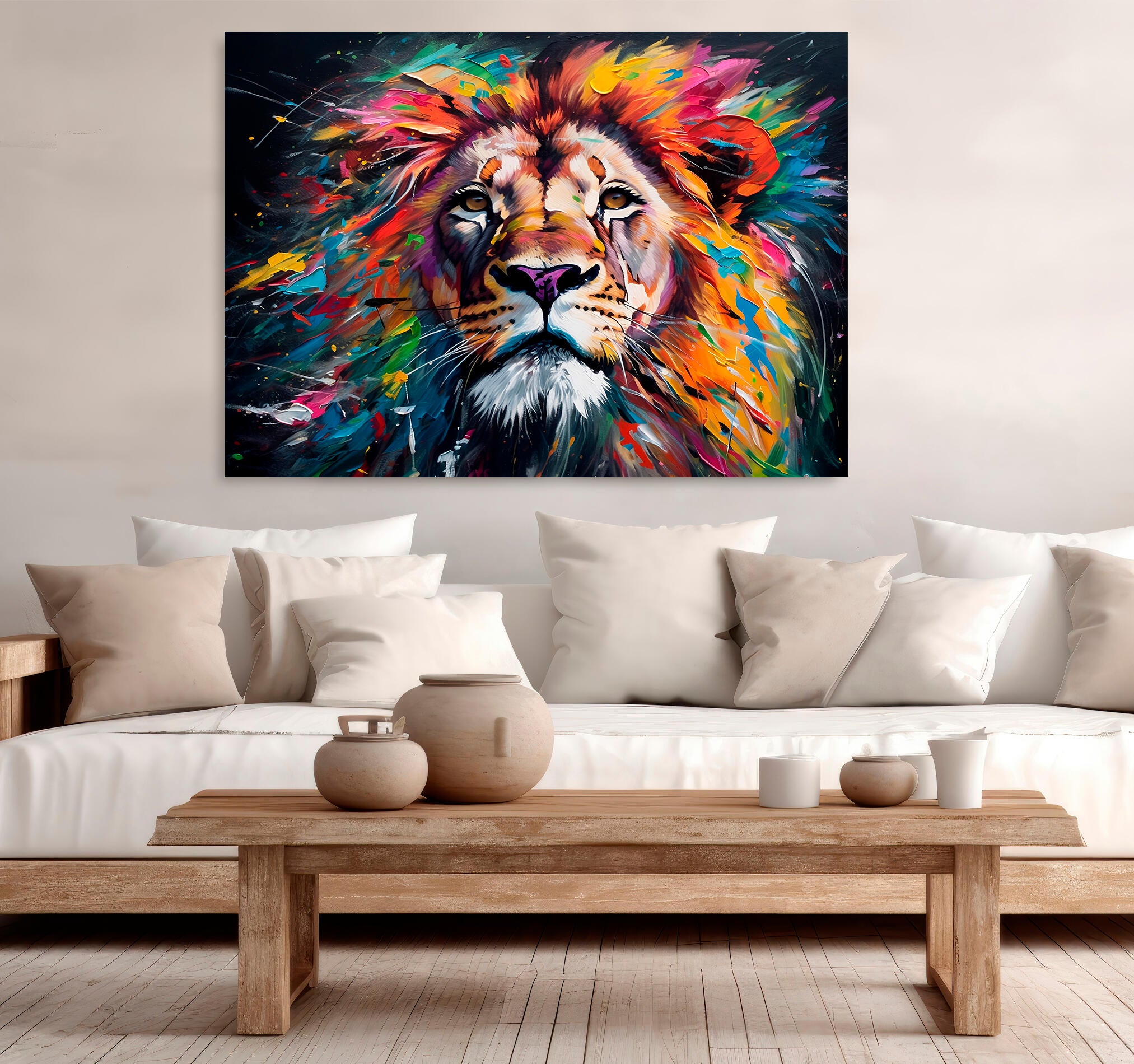 Objeto decorativo sin marco Arte rectangular de 140 x 100 cm. MDF Leon multicolor pasteles cálidos - 7