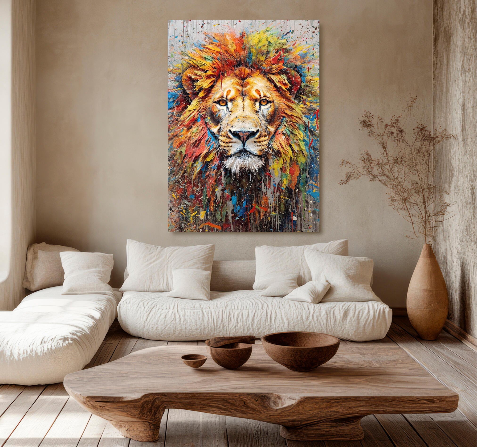 Objeto decorativo sin marco Arte rectangular de 140 x 100 cm. MDF León pintura pasteles cálidos - 9