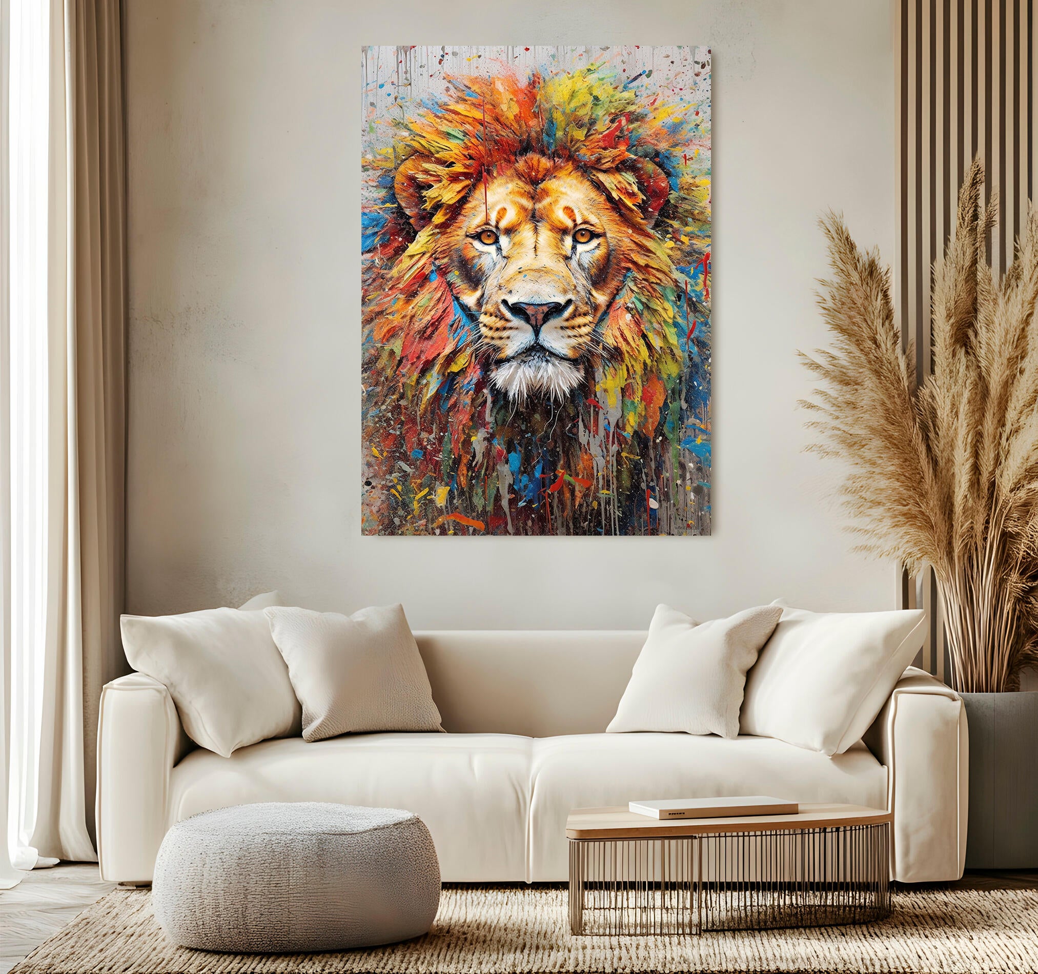 Objeto decorativo sin marco Arte rectangular de 140 x 100 cm. MDF León pintura pasteles cálidos - 8