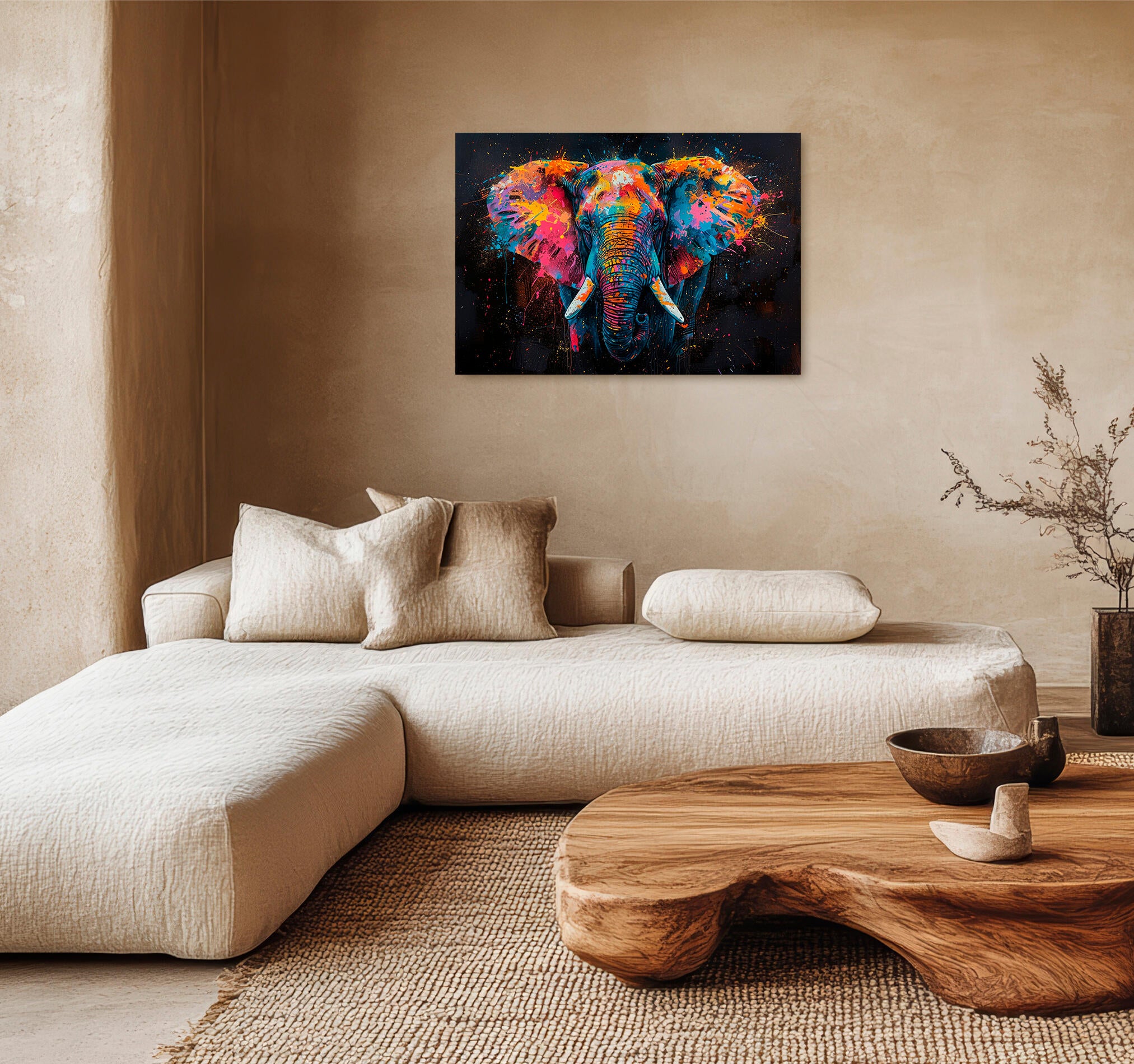 Objeto decorativo sin marco arte de 100 x 70 cm. mdf elefante fondo negro multicolor
