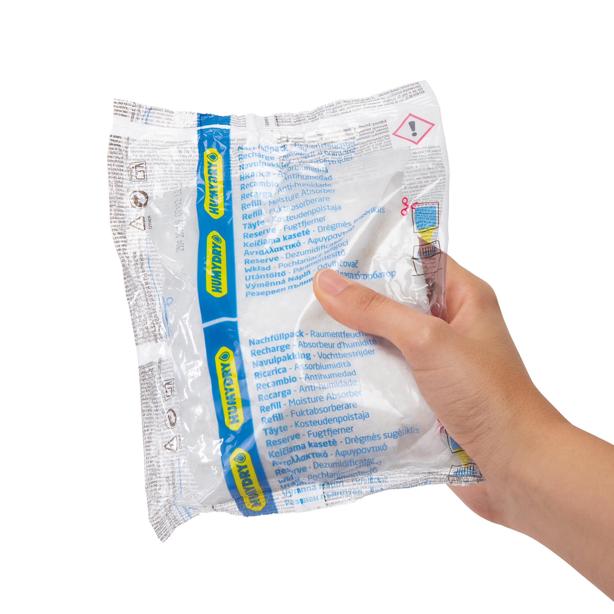 Recambio de absorbe humedad  HUMYDRY 250 gr para uso en estancia hasta 8m2. Perfume Neutro. 1 recarga en bolsa. - 3