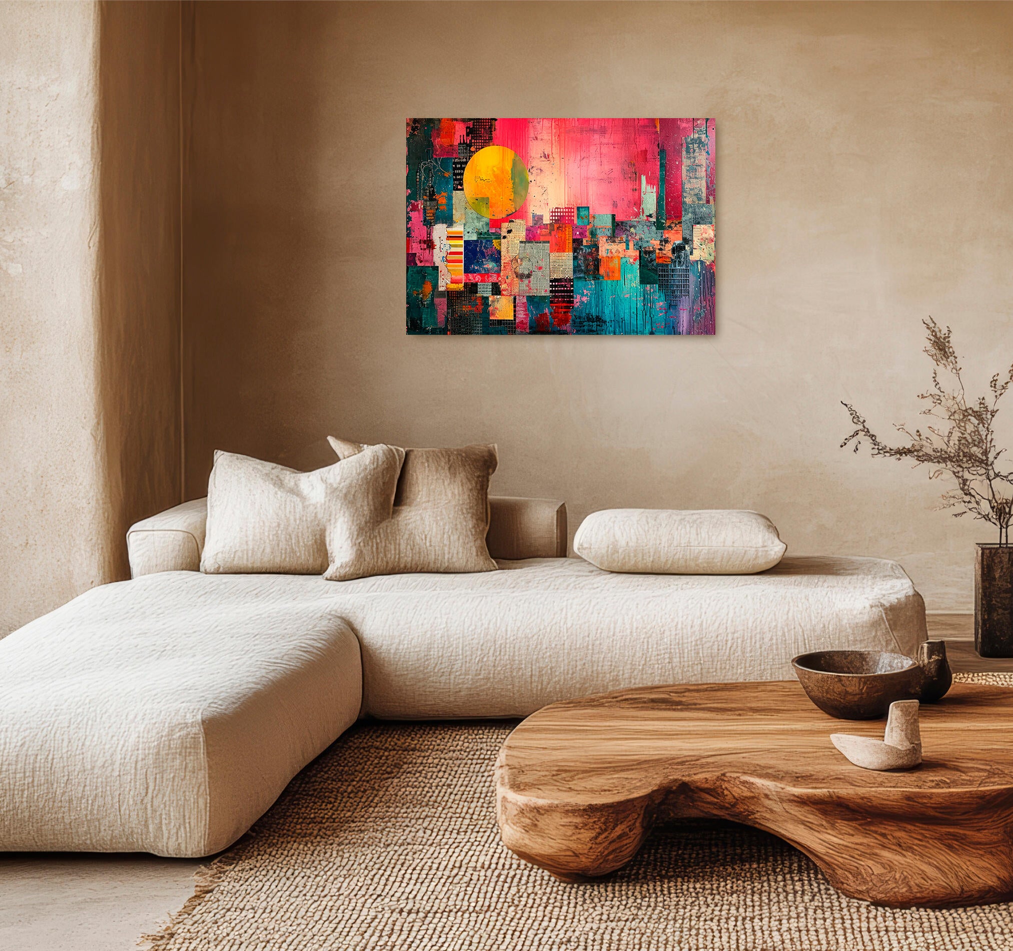 Objeto decorativo sin marco arte rectangular de 100 x 70 cm. mdf edificios abstractos pasteles cálidos