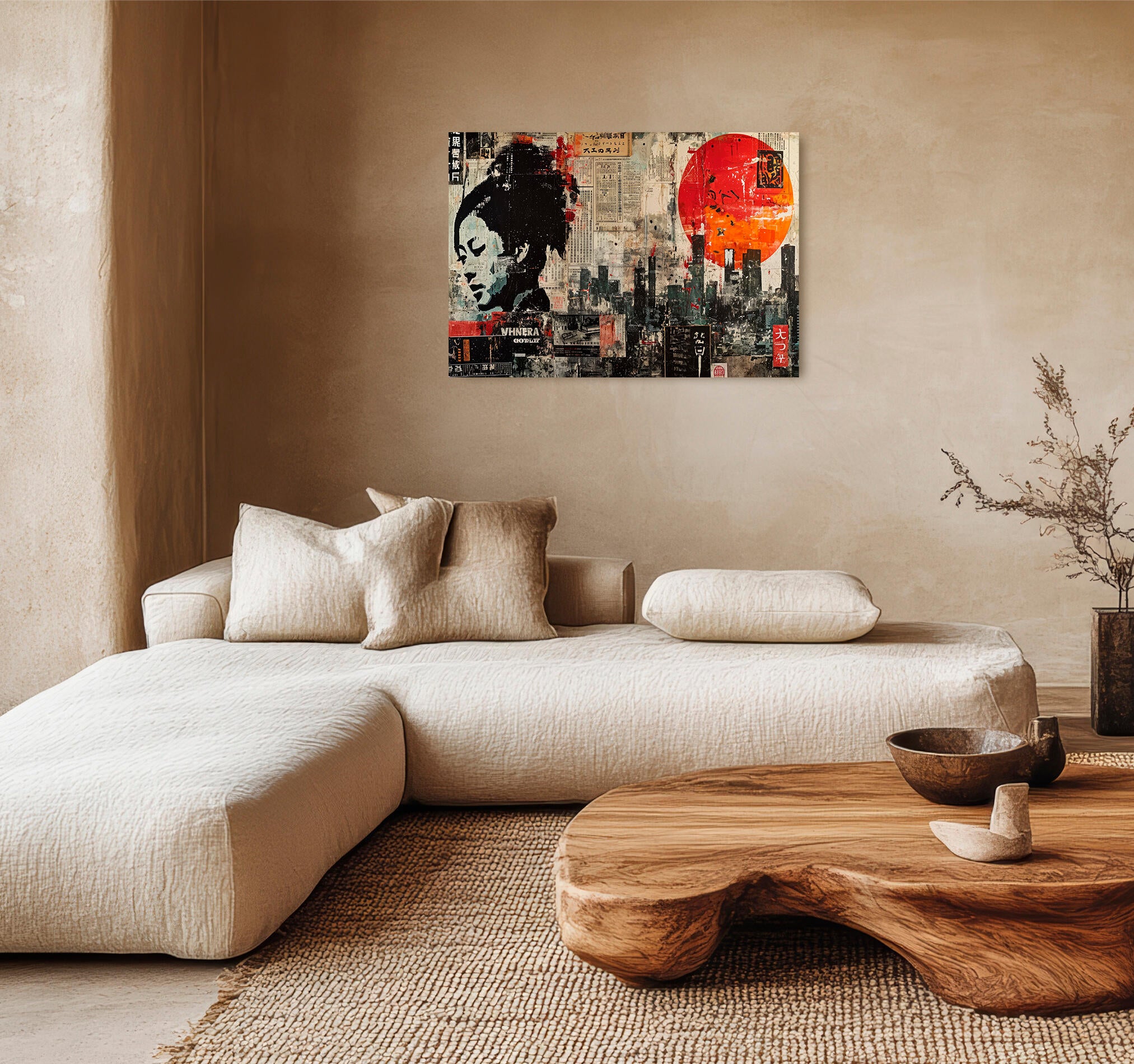 Objeto decorativo sin marco arte rectangular de 100 x 70 cm. mdf collage asiático pasteles cálidos