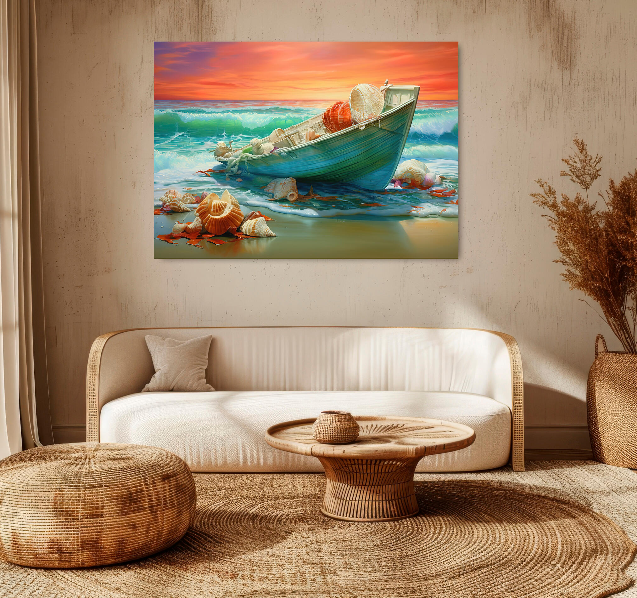 Objeto decorativo sin marco Arte rectangular de 140 x 100 cm. MDF Marina Barca pasteles cálidos - 9