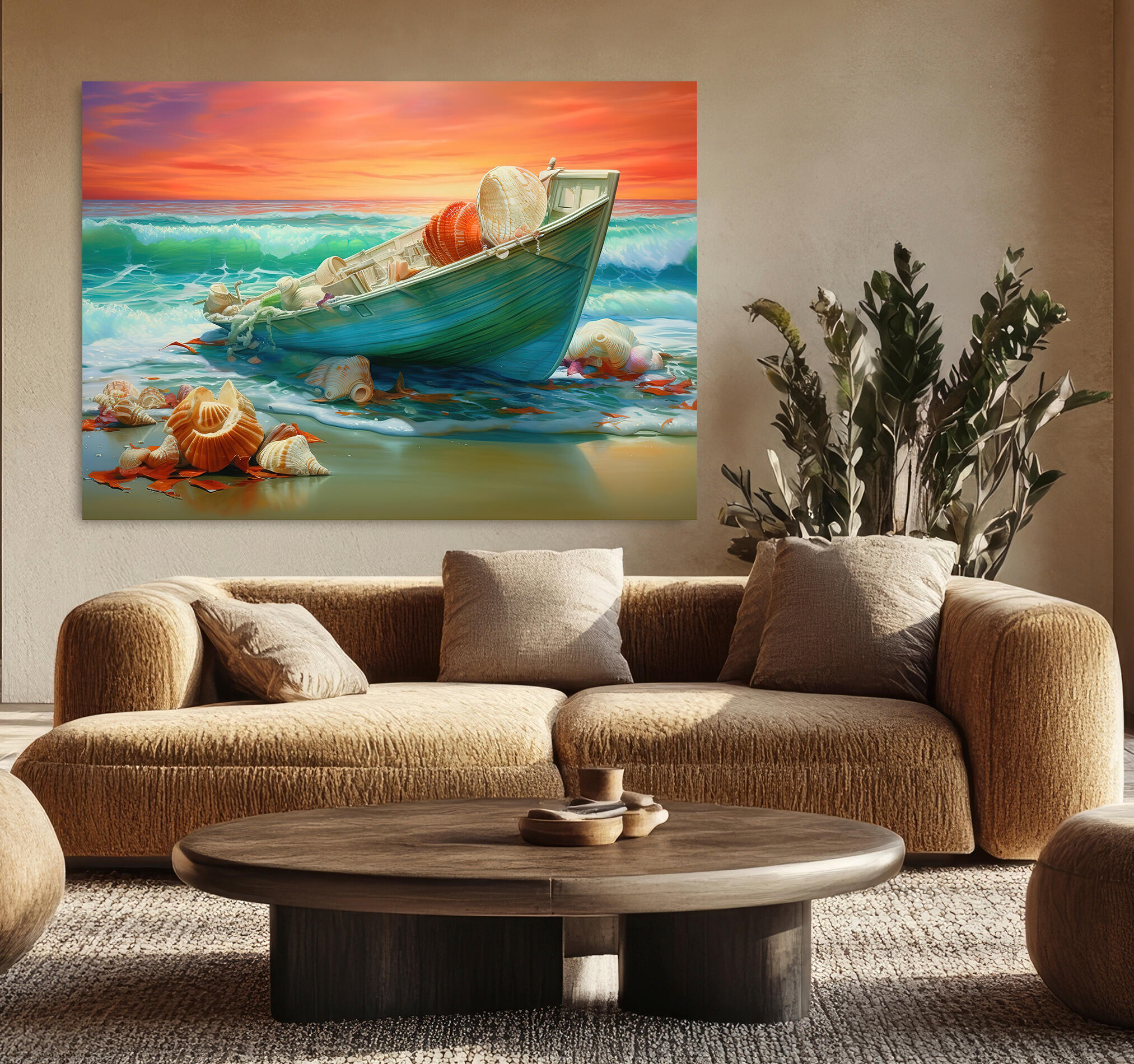 Objeto decorativo sin marco Arte rectangular de 140 x 100 cm. MDF Marina Barca pasteles cálidos - 8