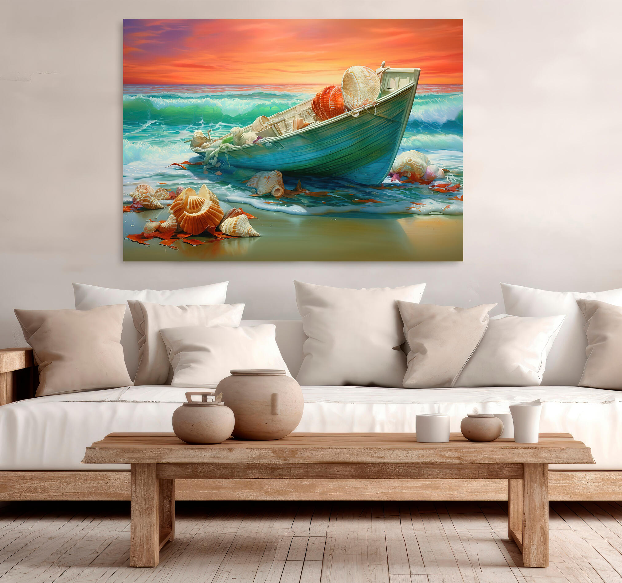 Objeto decorativo sin marco Arte rectangular de 140 x 100 cm. MDF Marina Barca pasteles cálidos - 7